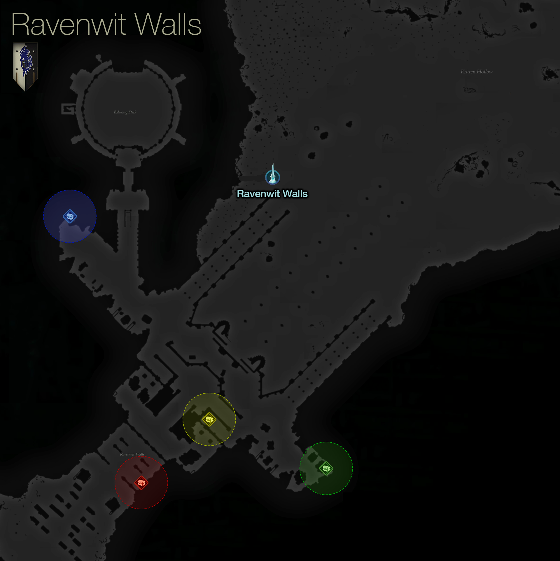 Map showing the location of the treasure coffers in the Ravenwit Walls area of Waloed