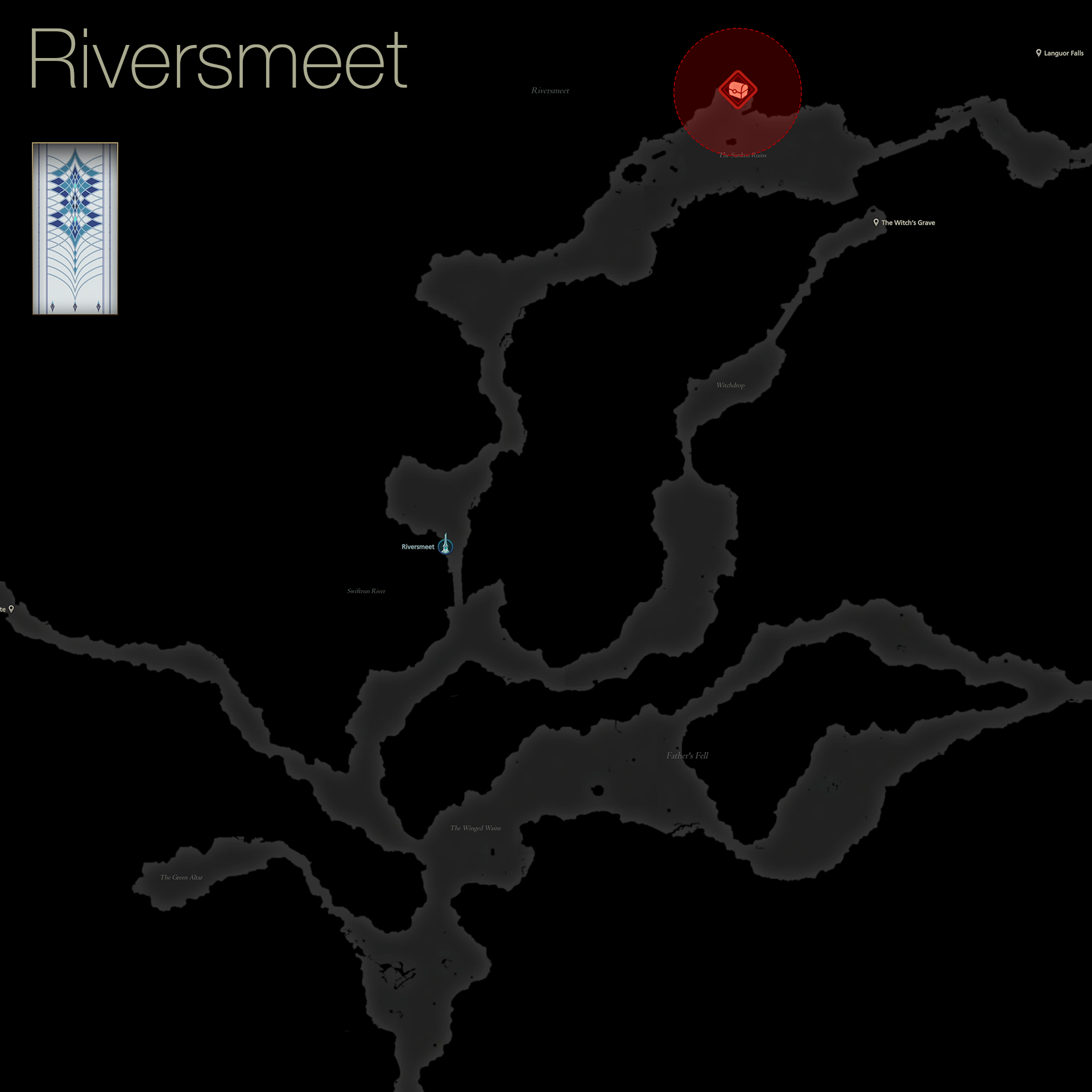 Map of Riversmeet showing the treasure coffer location
