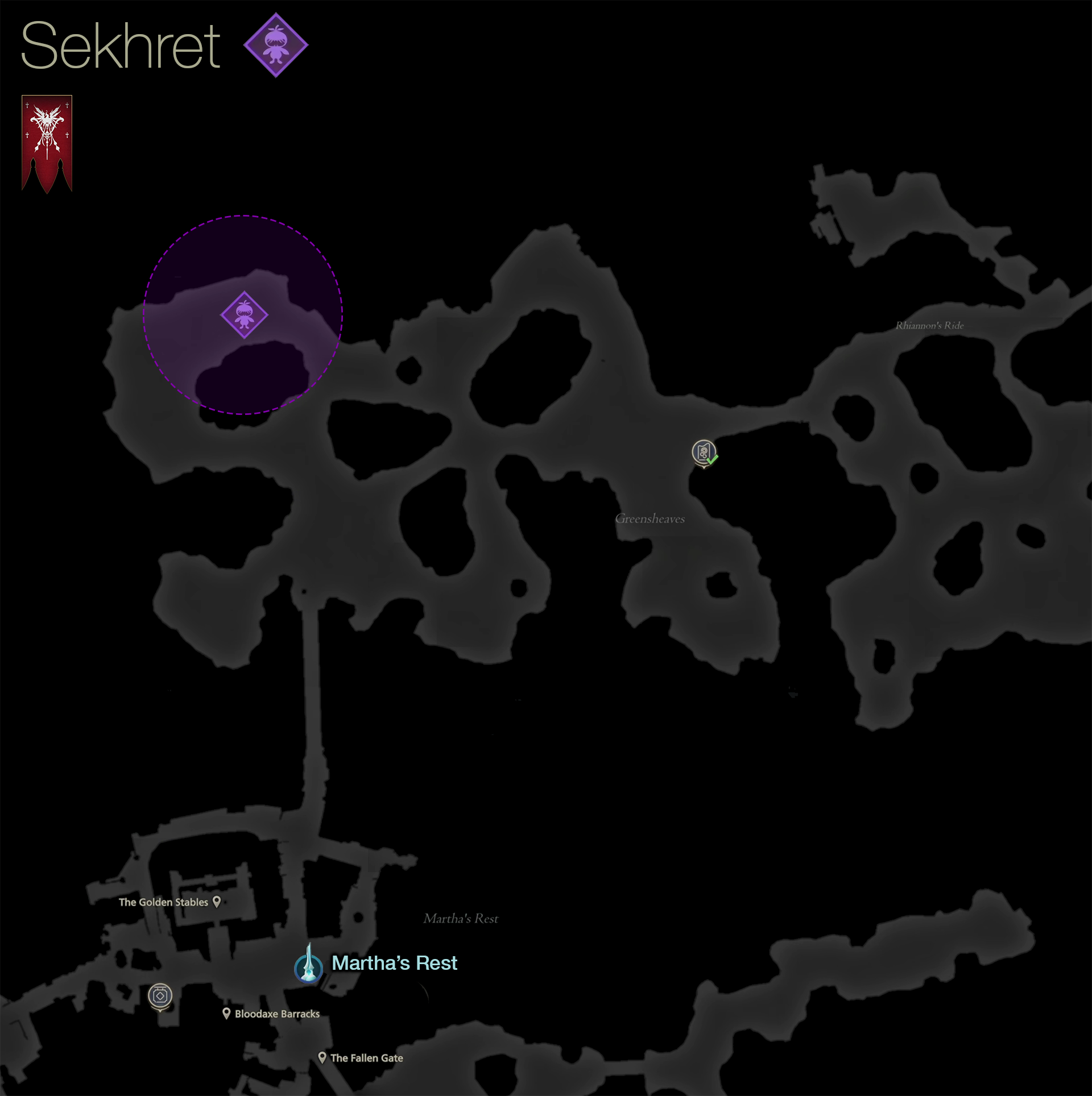 Map showing the location of the Notorious Mark, Sekhret, in the Greensheaves area of Rosaria