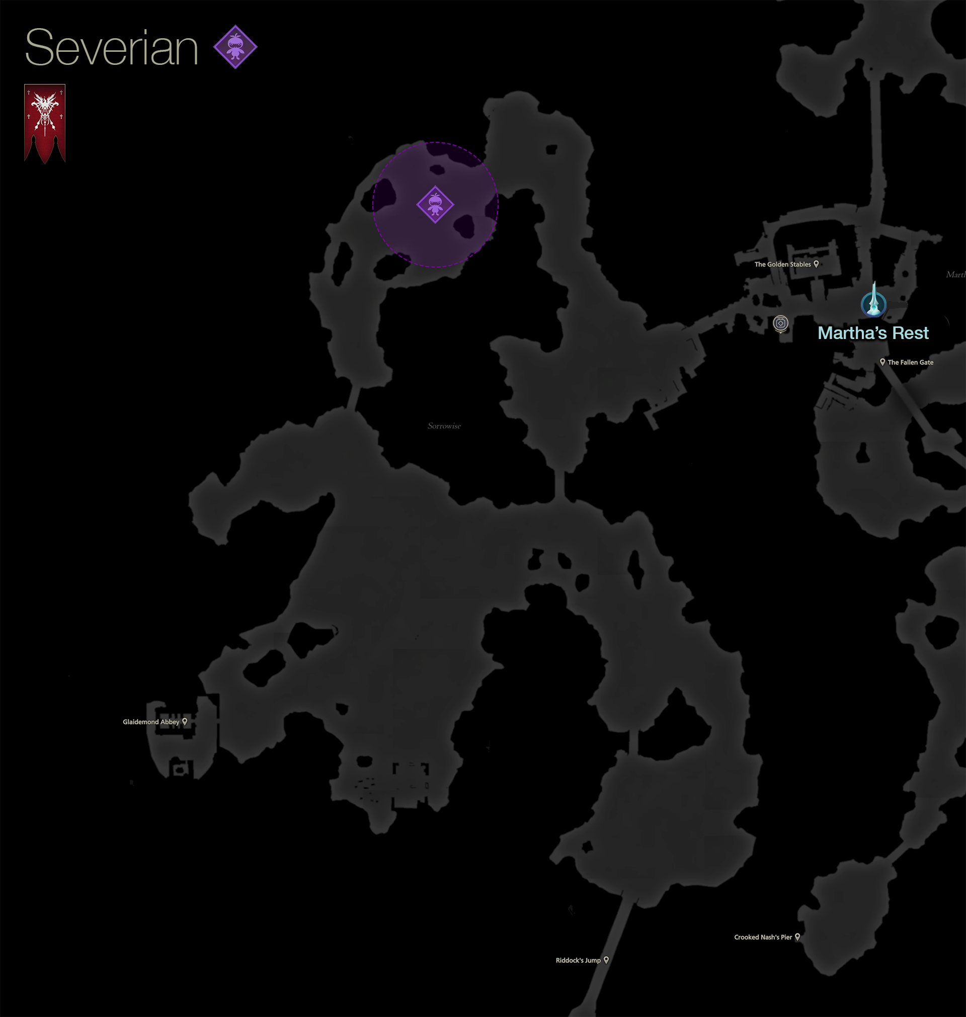 Map showing the location of the Notorious Mark, Severian, in the Sorrowise area of Rosaria
