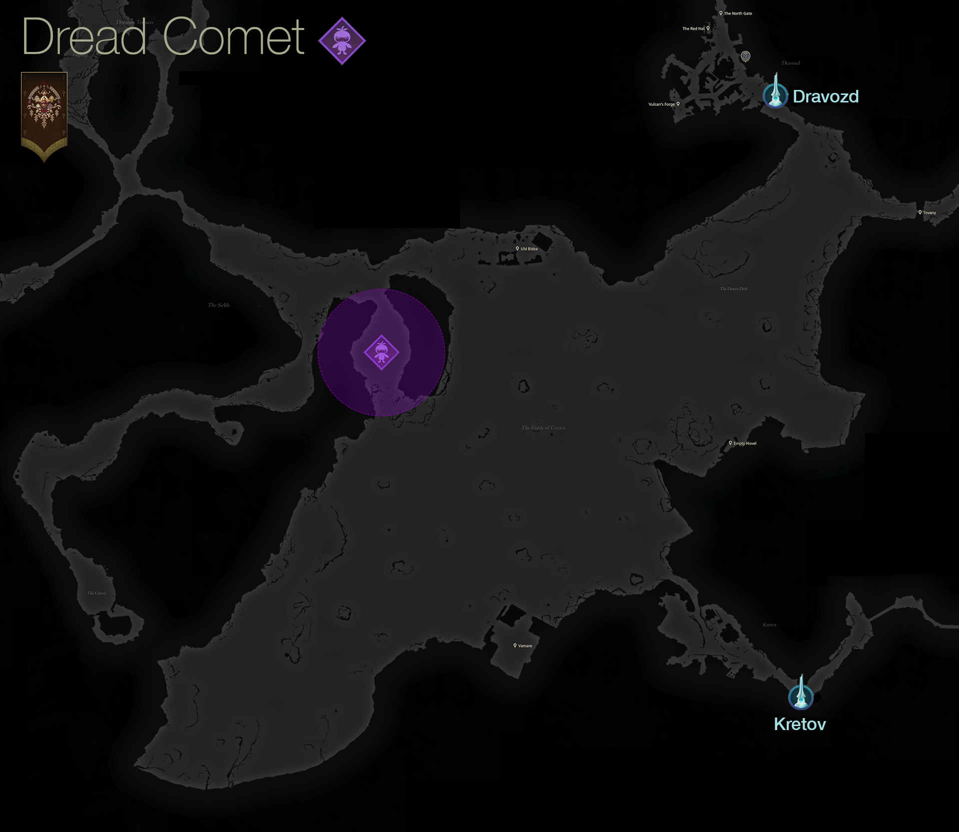 Map showing the location of the Notorious Mark, the Soul Stingers, in the Fields of Corava area of Dhalmekia