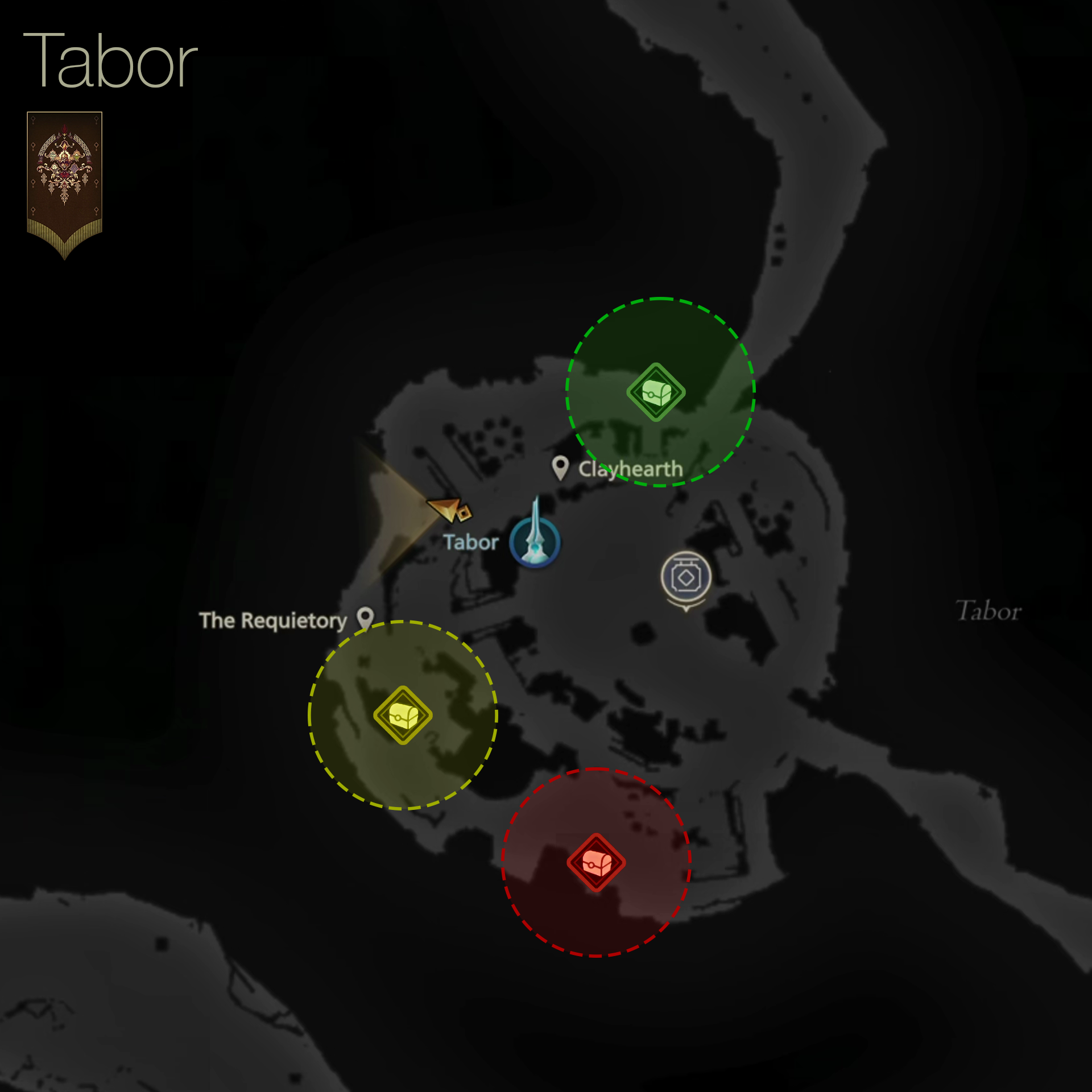 Map showing the location of the treasure coffers in the town of Tabor in Dhalmekia