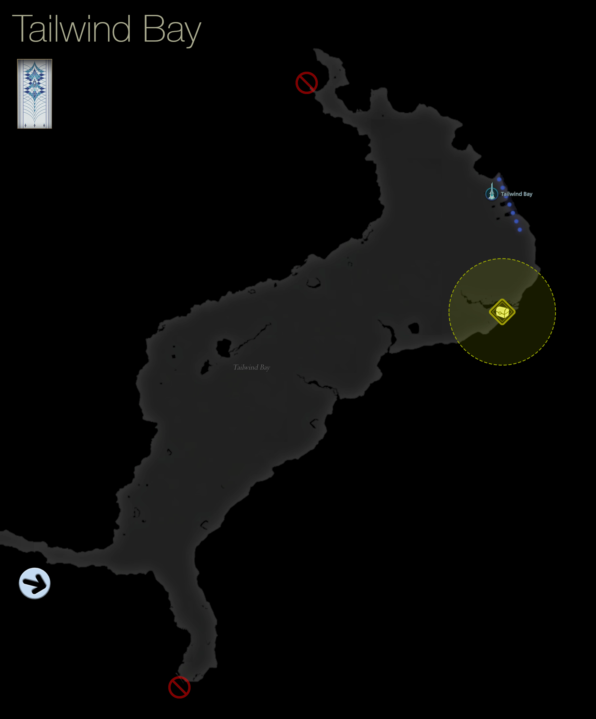 Map of Tailwind Bay in Mysidia showing the treasure coffer locations