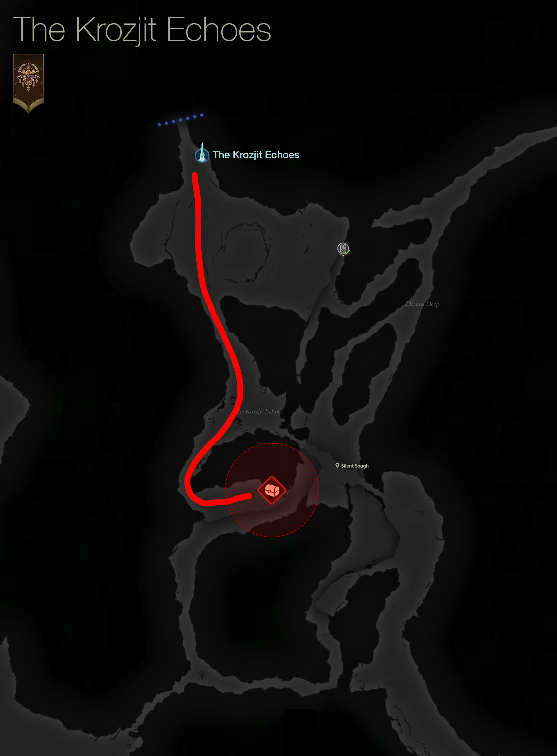 Map showing the location of the treasure coffers in the Krozjit Echoes area of the Dhalmekia