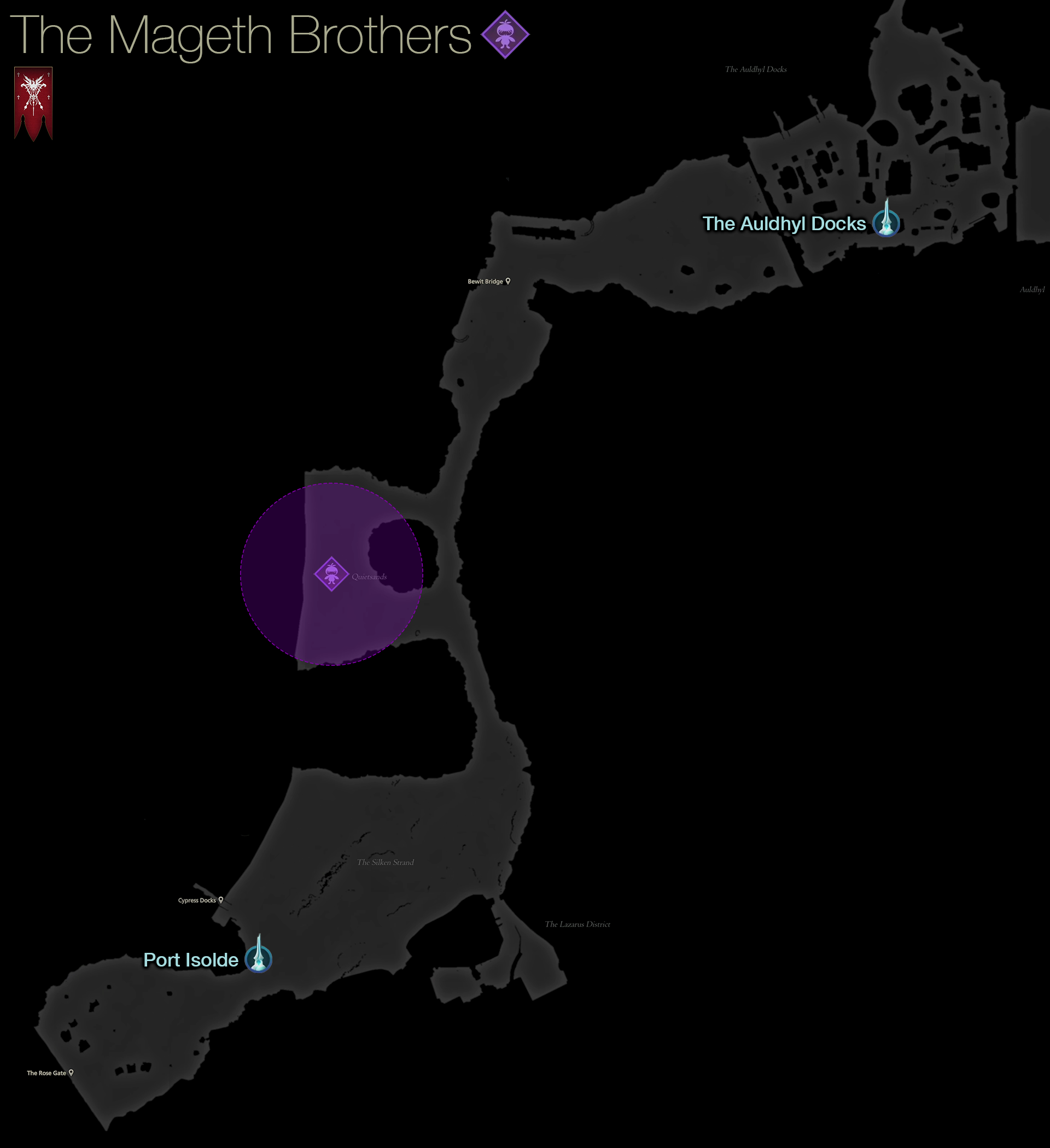 Map showing the location of the Notorious Mark, the Mageth Brothers, in the Quietsands area of Rosaria