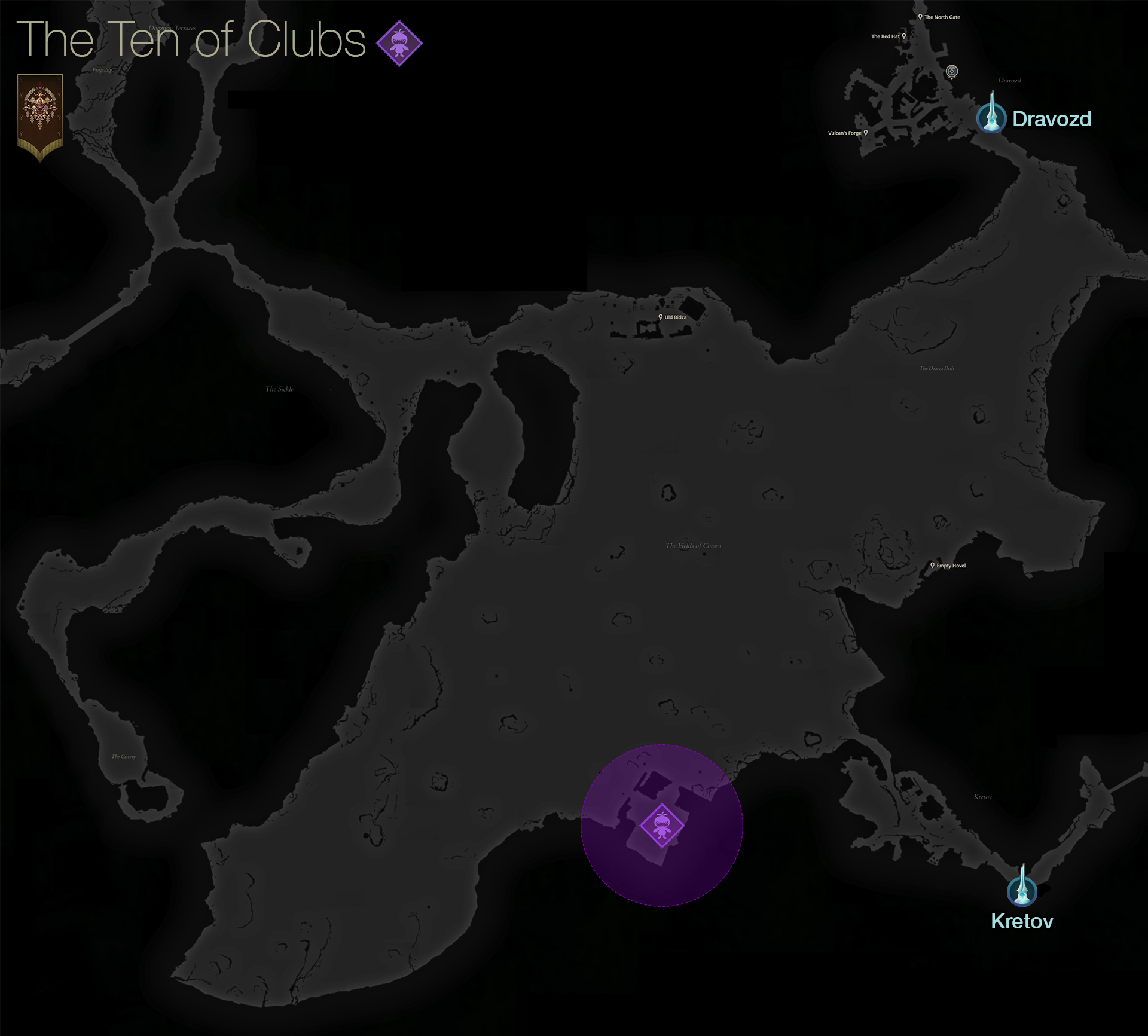 Map showing the location of the Notorious Mark, the Ten of Clubs, in the Vamare area in the Fields of Corava in Dhalmekia