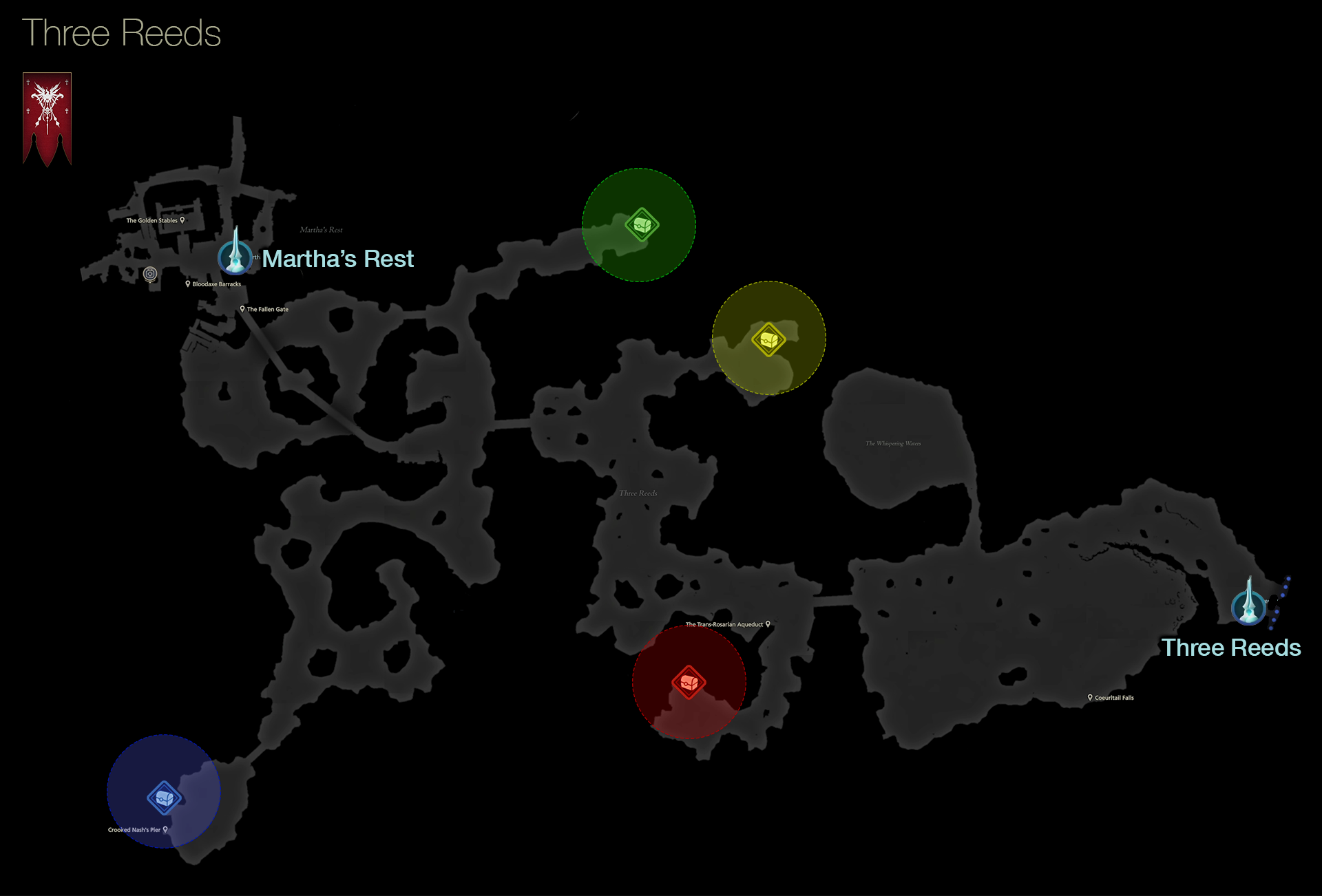 Map showing the location of the treasure coffers in the Three Reeds area of Rosaria