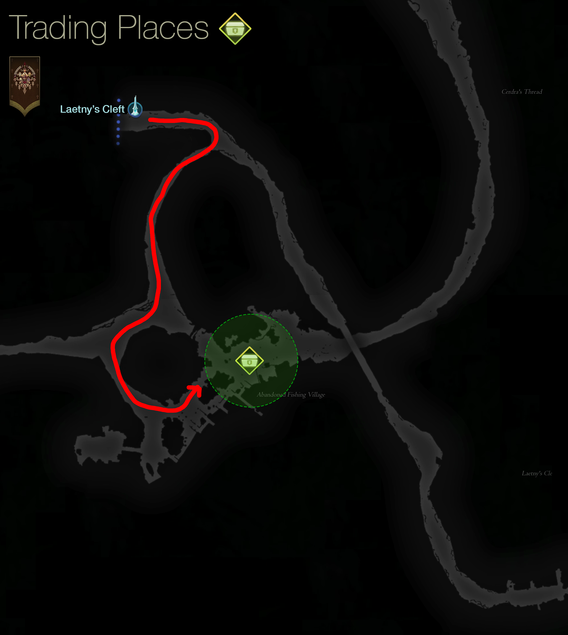 Map showing the location of the village which is the quest objective for Trial and Error