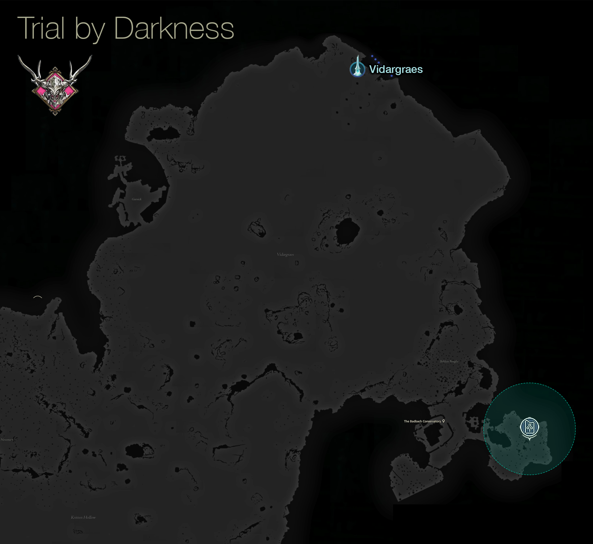 Map showing the location of the Trial by Darkness in Waloed