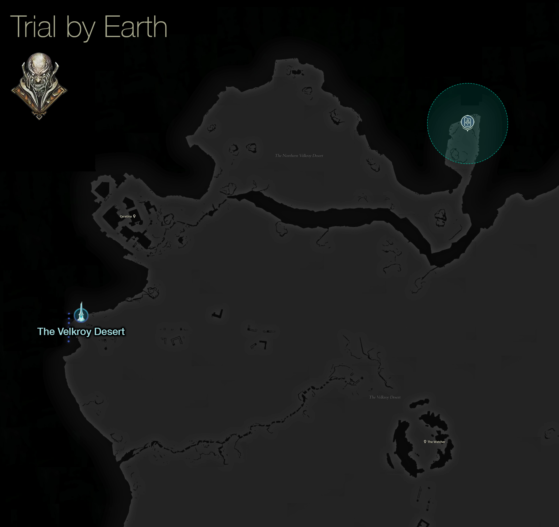 Map showing the location of the Trial by Earth in the Velkroy Desert in Dhalmekia