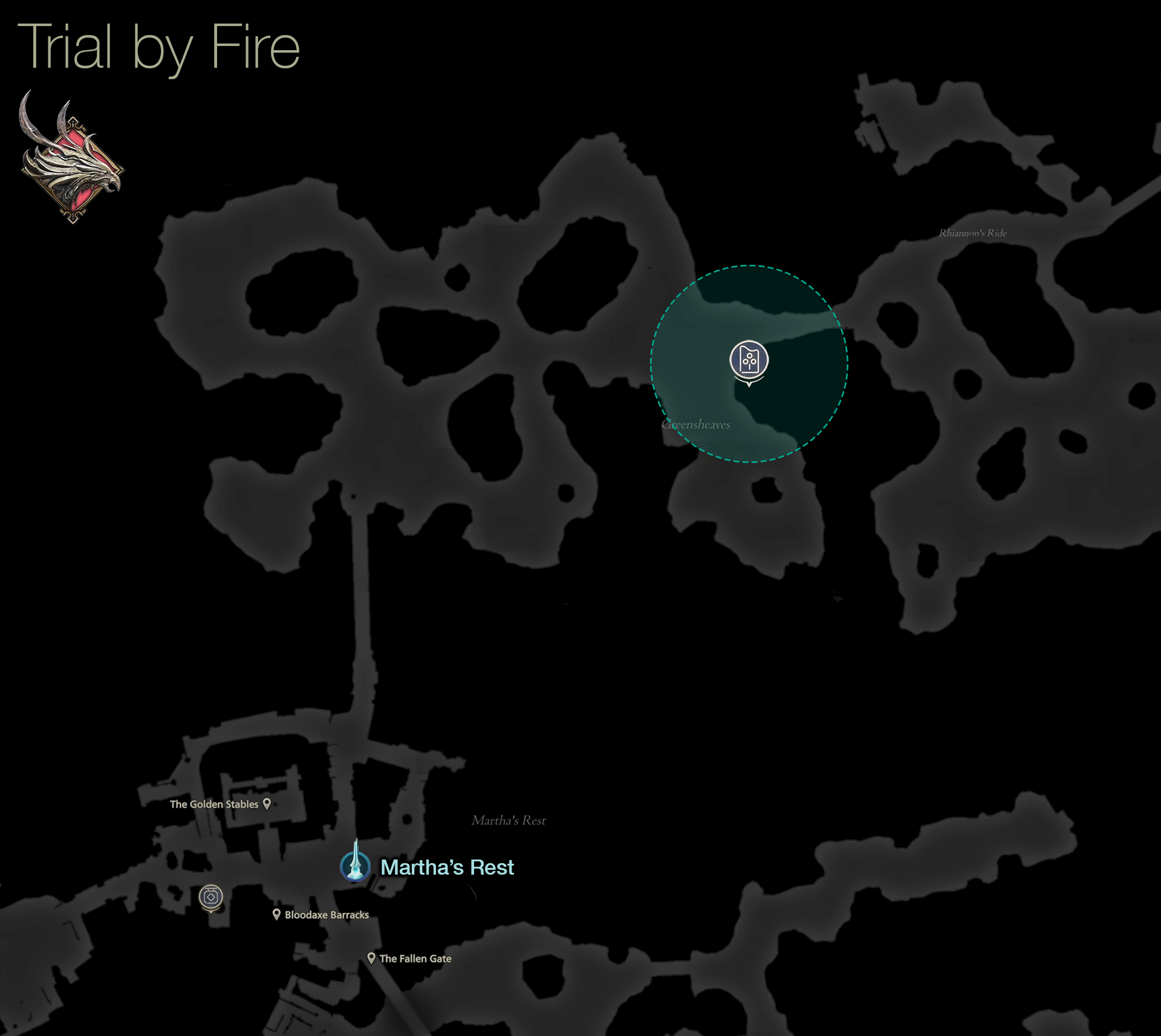 Map showing the location of the Trial by Fire in Rosaria