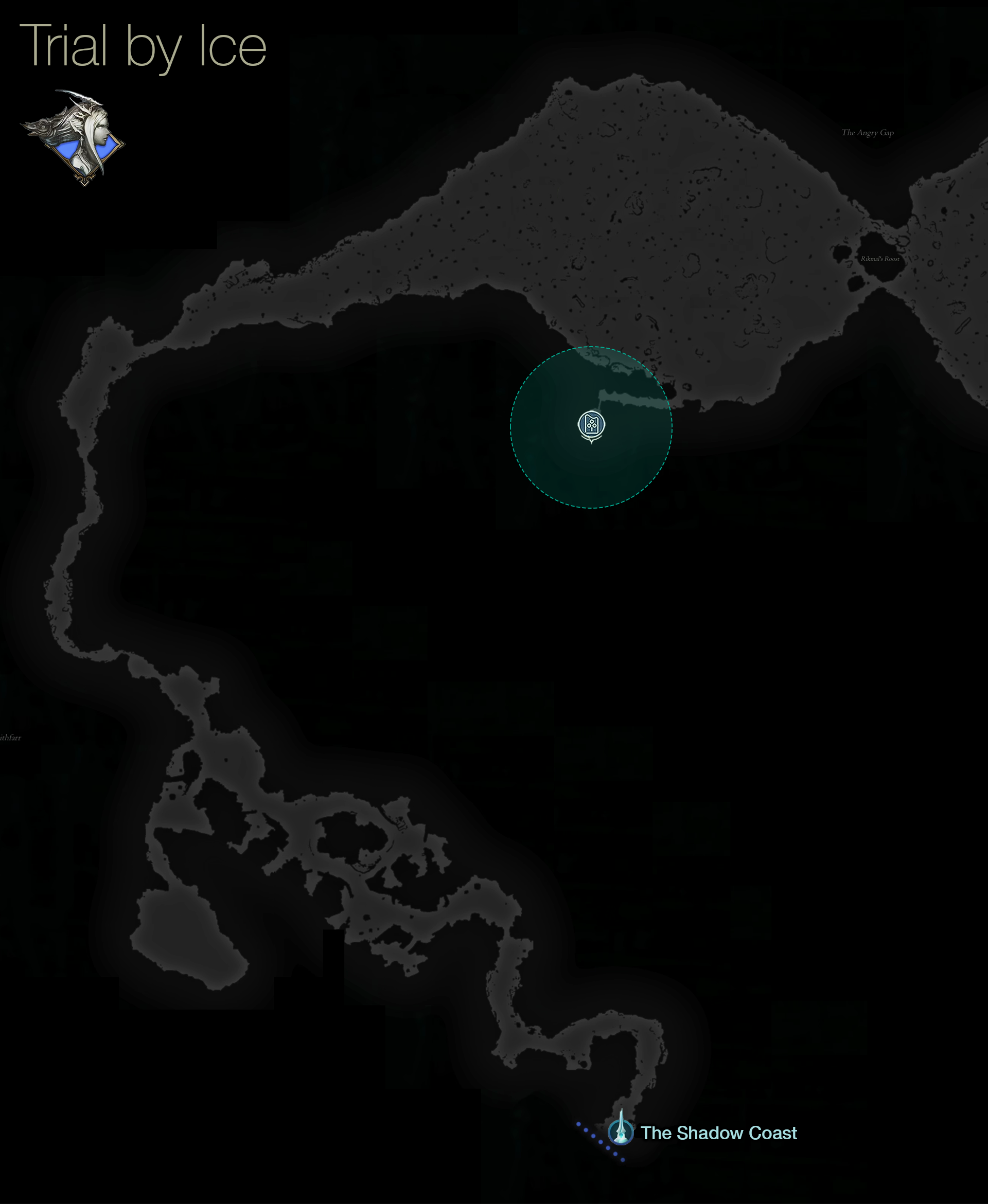 Map showing the location of the Trial by Ice in the Angry Gap of Waloed