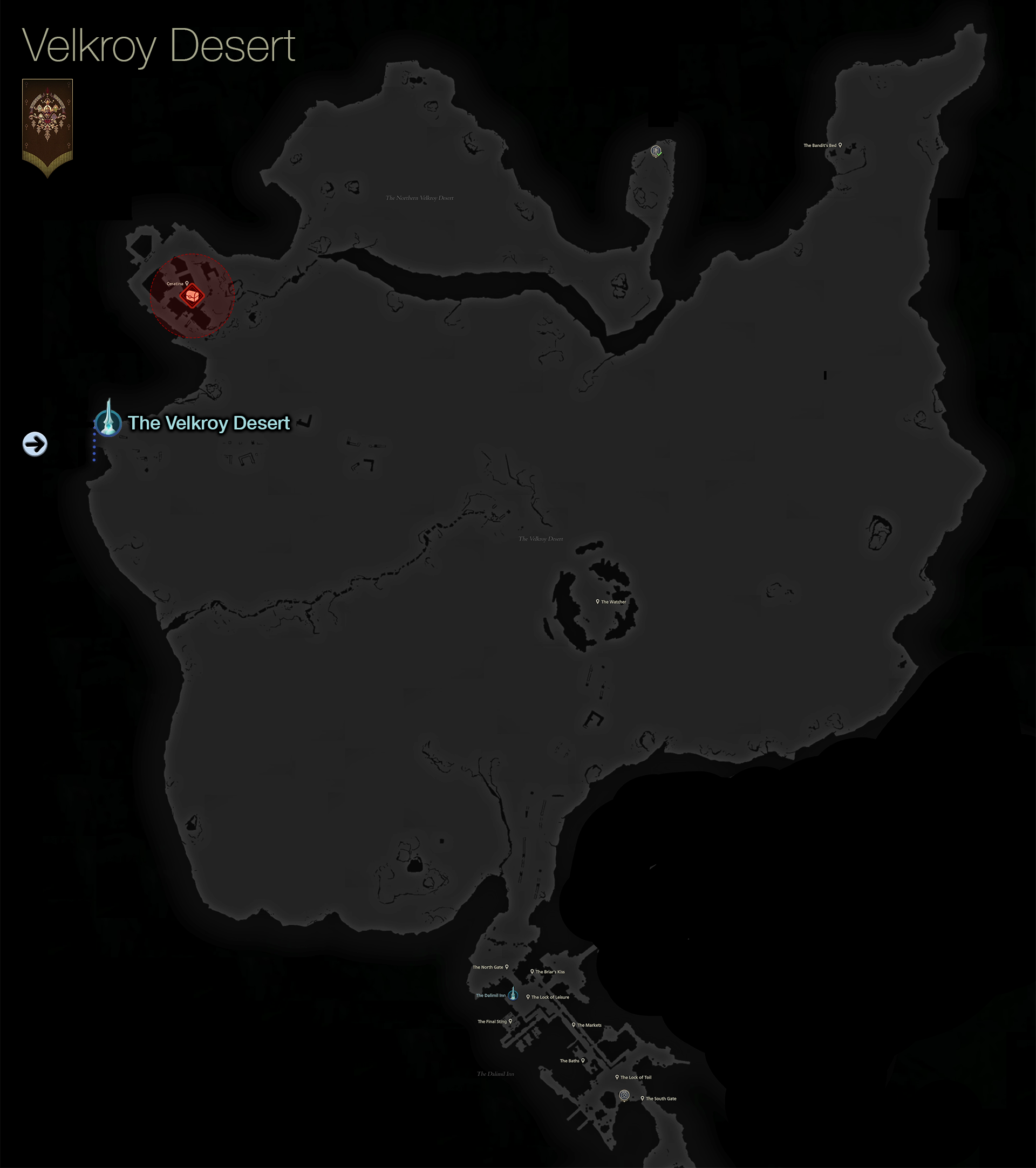 Map showing the location of the treasure coffer in the Velkroy Desert area of Dhalmekia