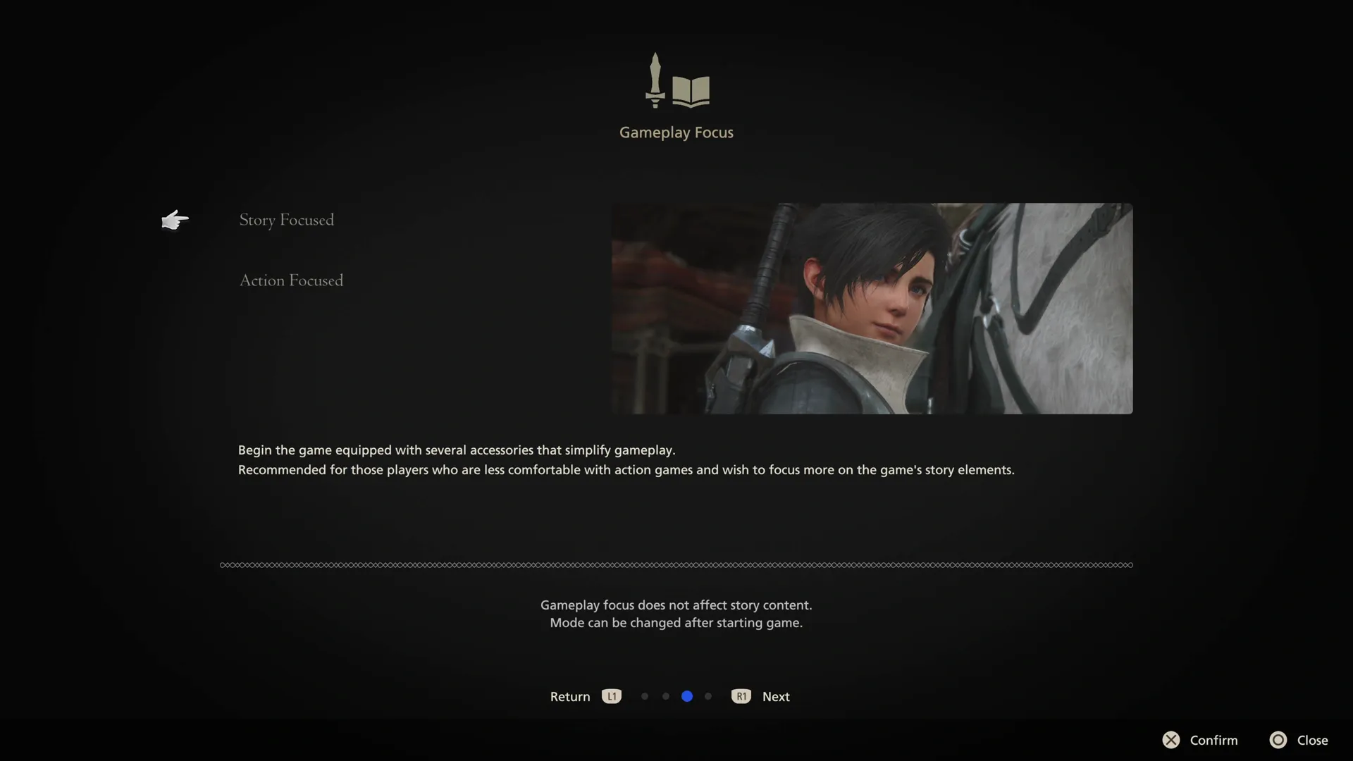 Selecting a Gameplay Focus at the opening of the game