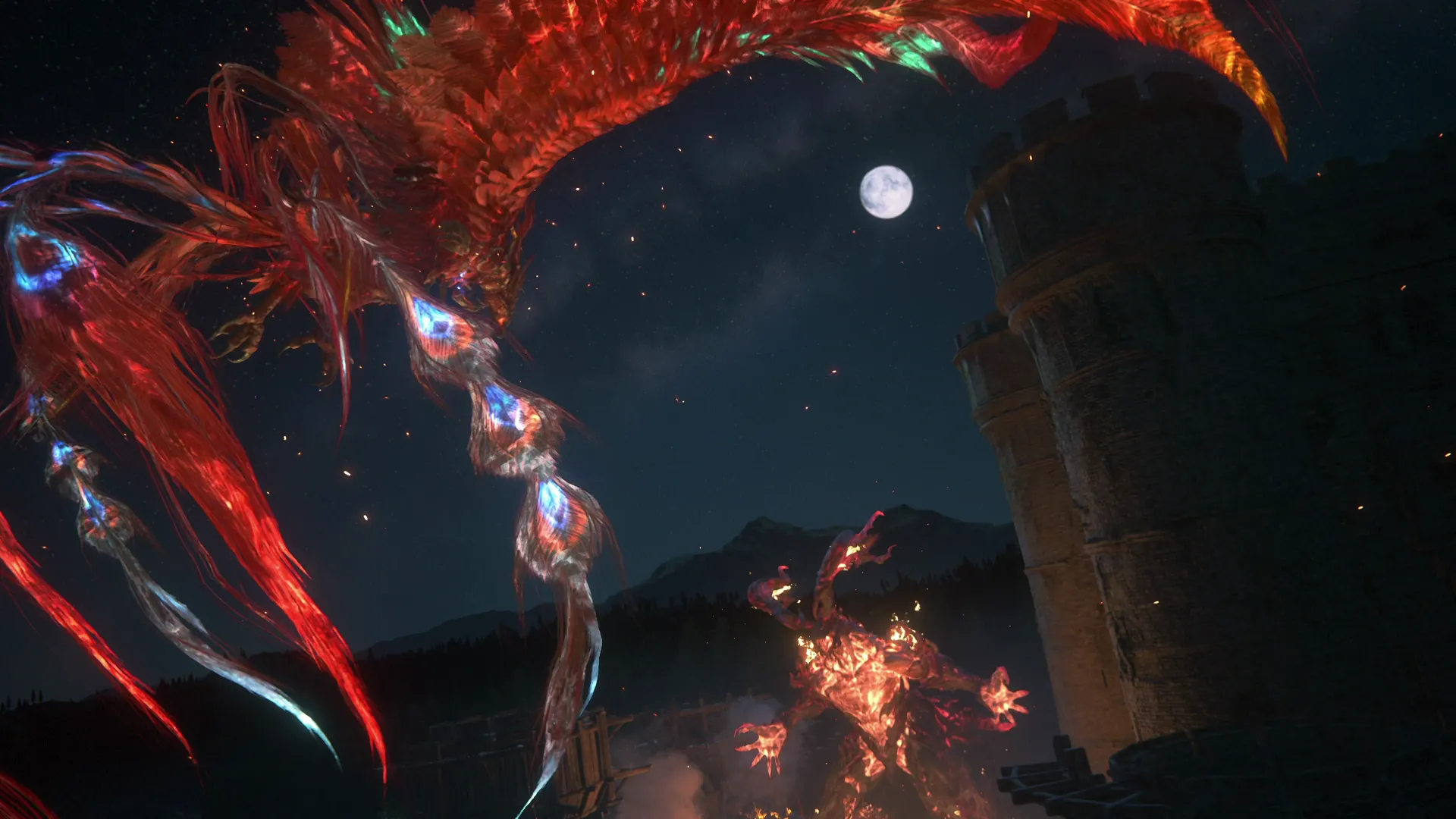 Phoenix and Ifrit Eikons facing off during the opening sequence at Phoenix Gate