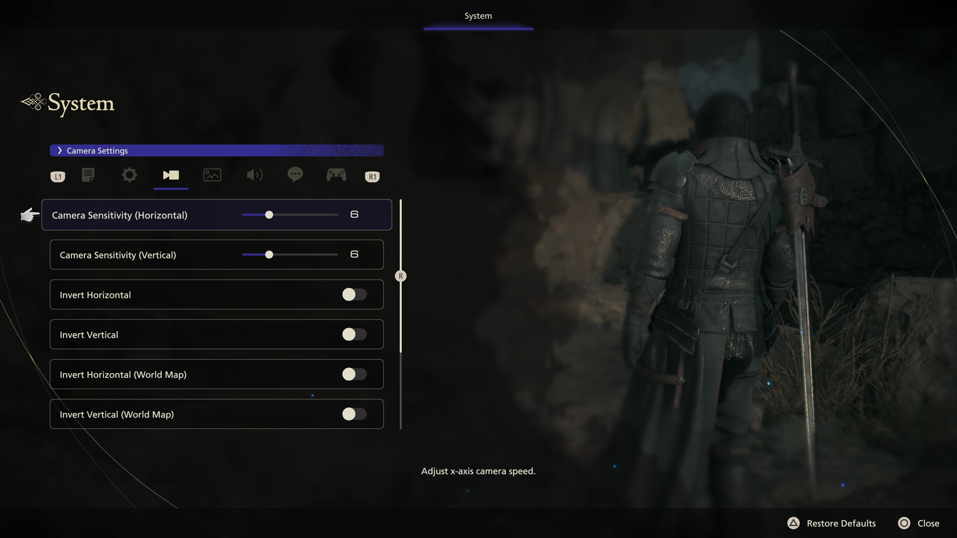 Opening the System menu and adjusting the camera sensitivity settings