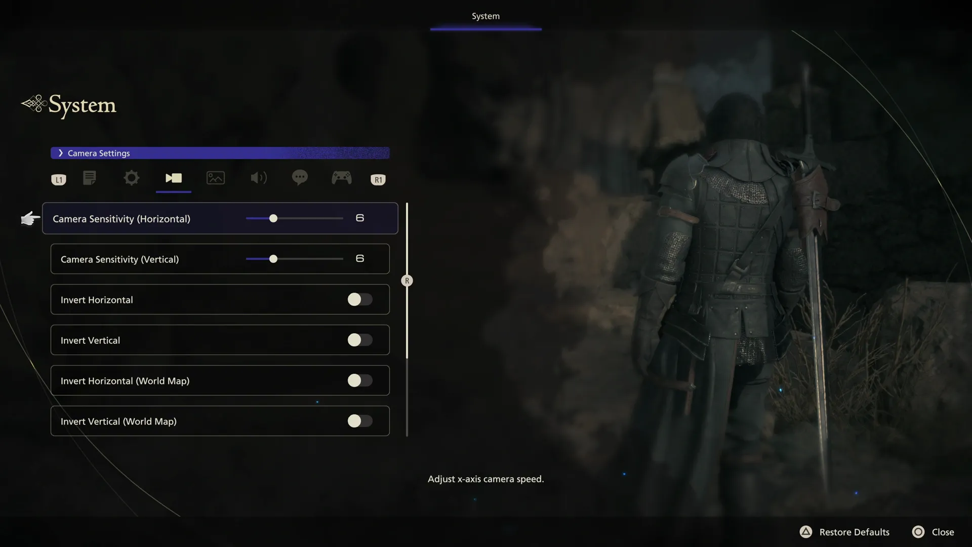 Adjusting the camera sensitivity in the system menu