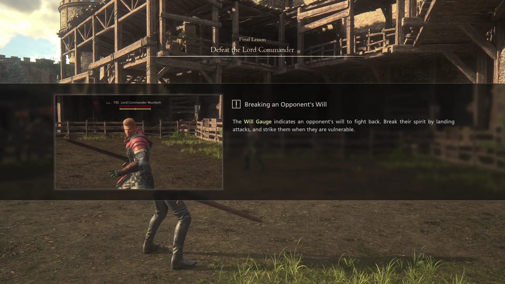 Tutorial message during the training session that explains how to break an opponents Will Gauge