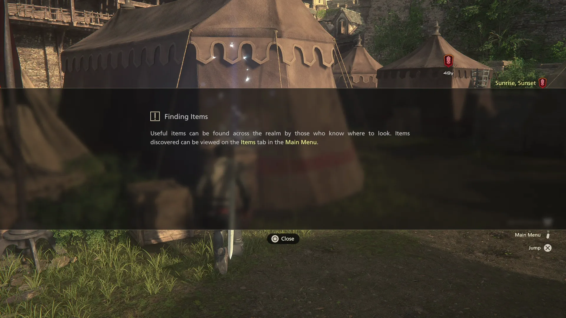 Tutorial message explaining how glimmers work and finding items