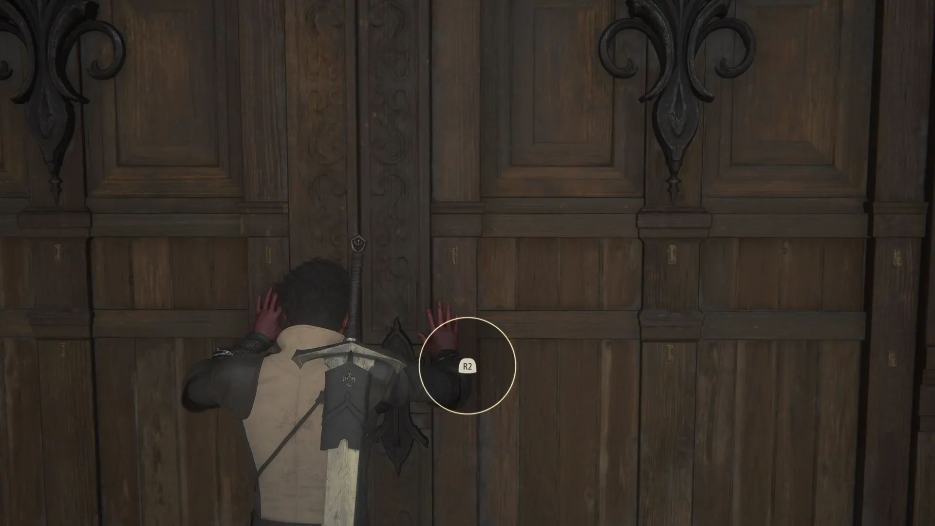 Using the R2 button to open up the large double doors