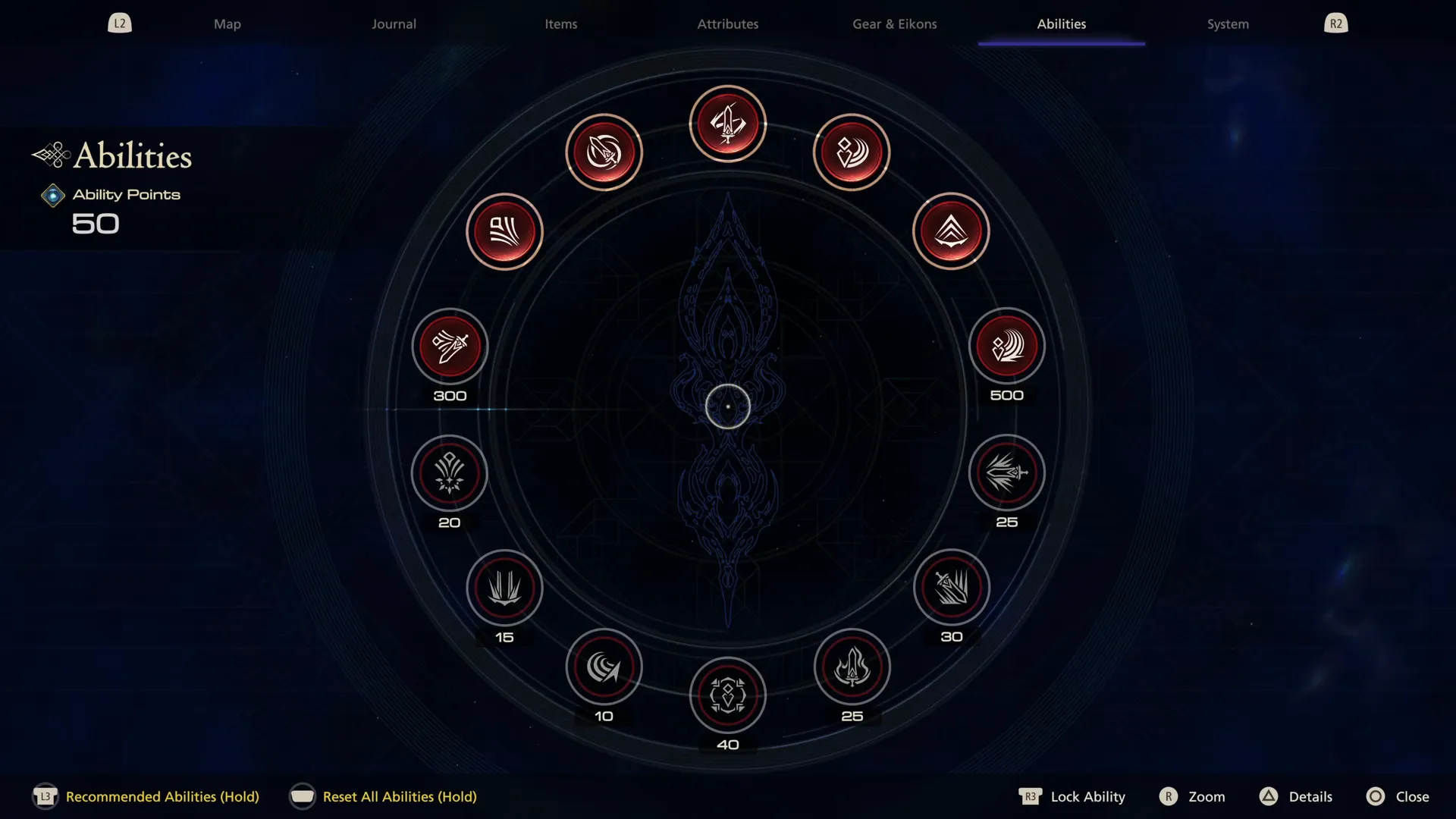 View of the center circle of standard abilities in the Abilities tab of the menu screen
