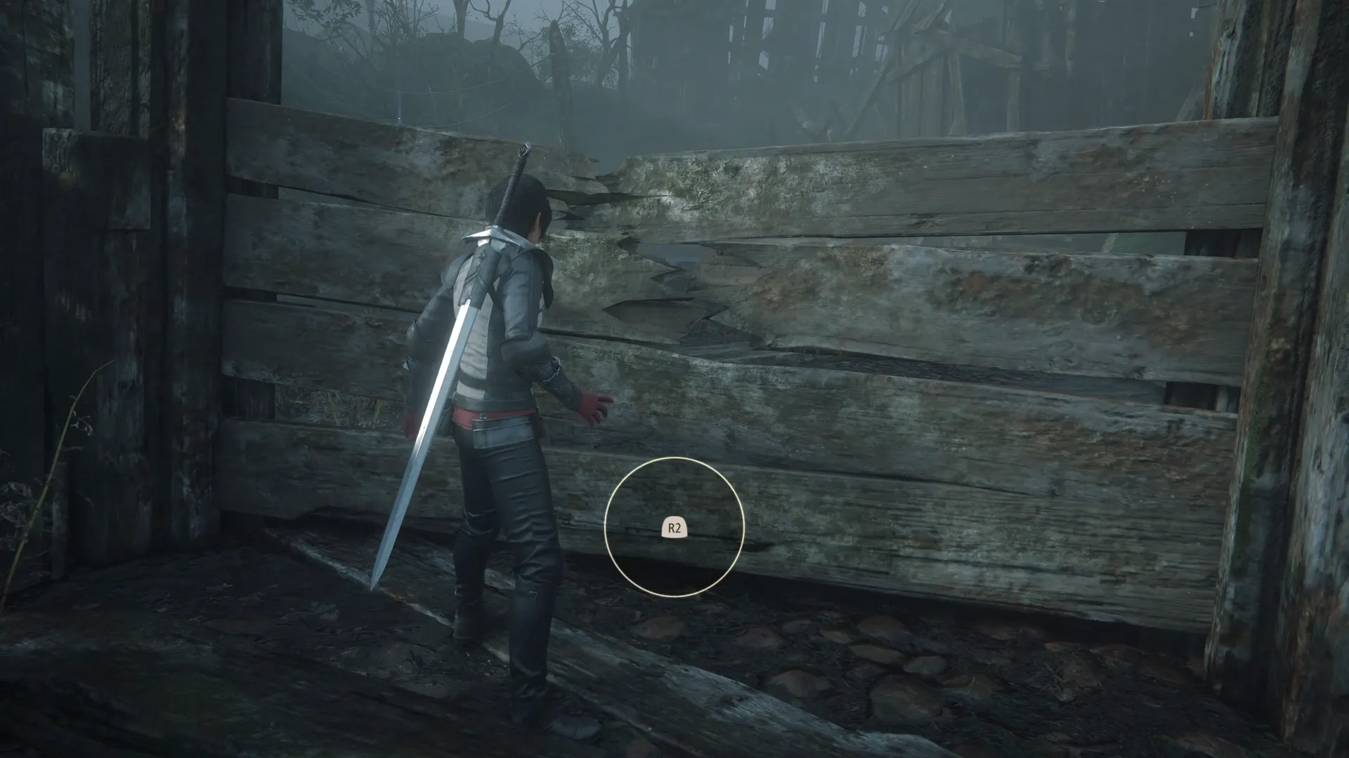 Pressing the R2 button to break through a wooden barrier