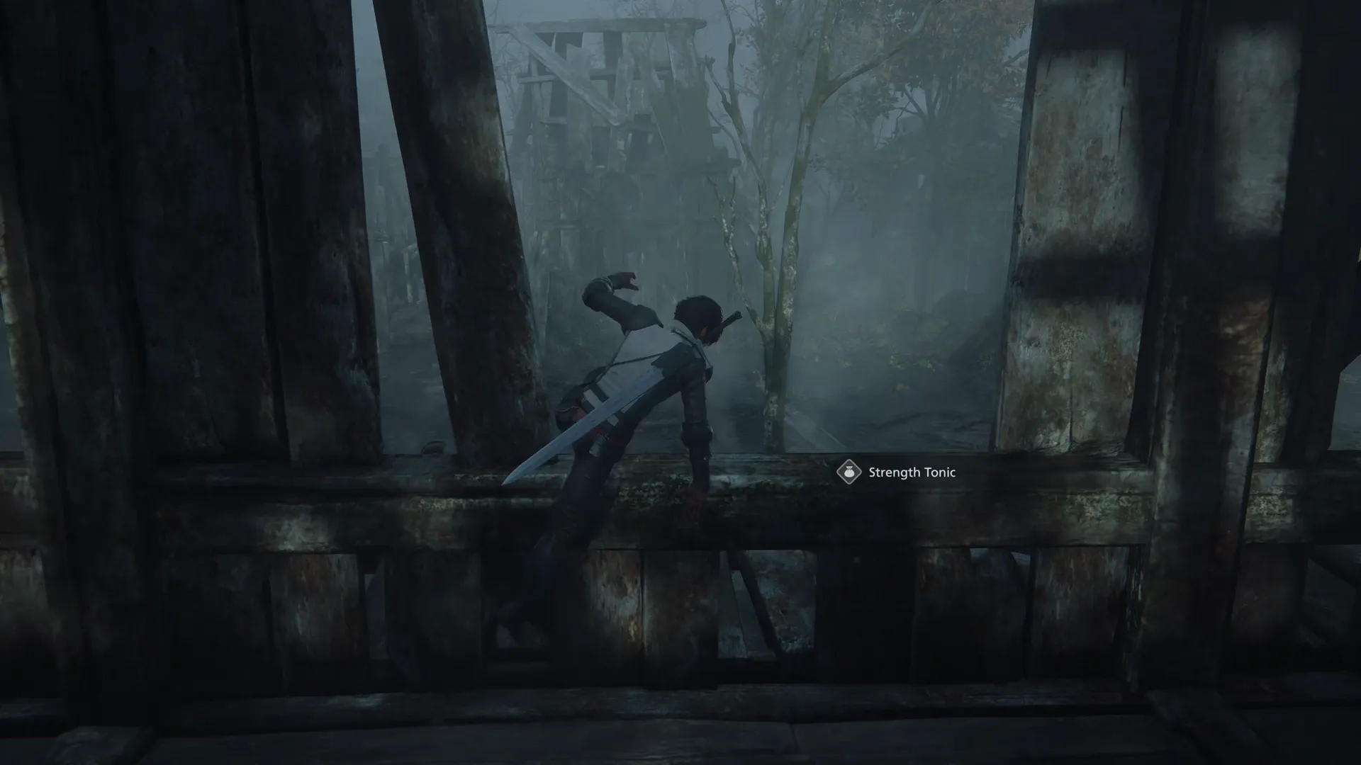 Clive jumping out a window after grabbing a Strength Tonic