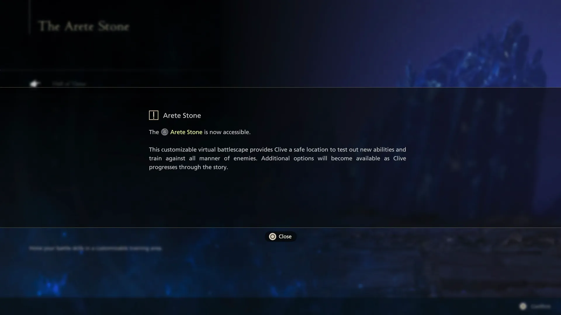 Tutorial message that pops up when you access the Arete Stone for the first time