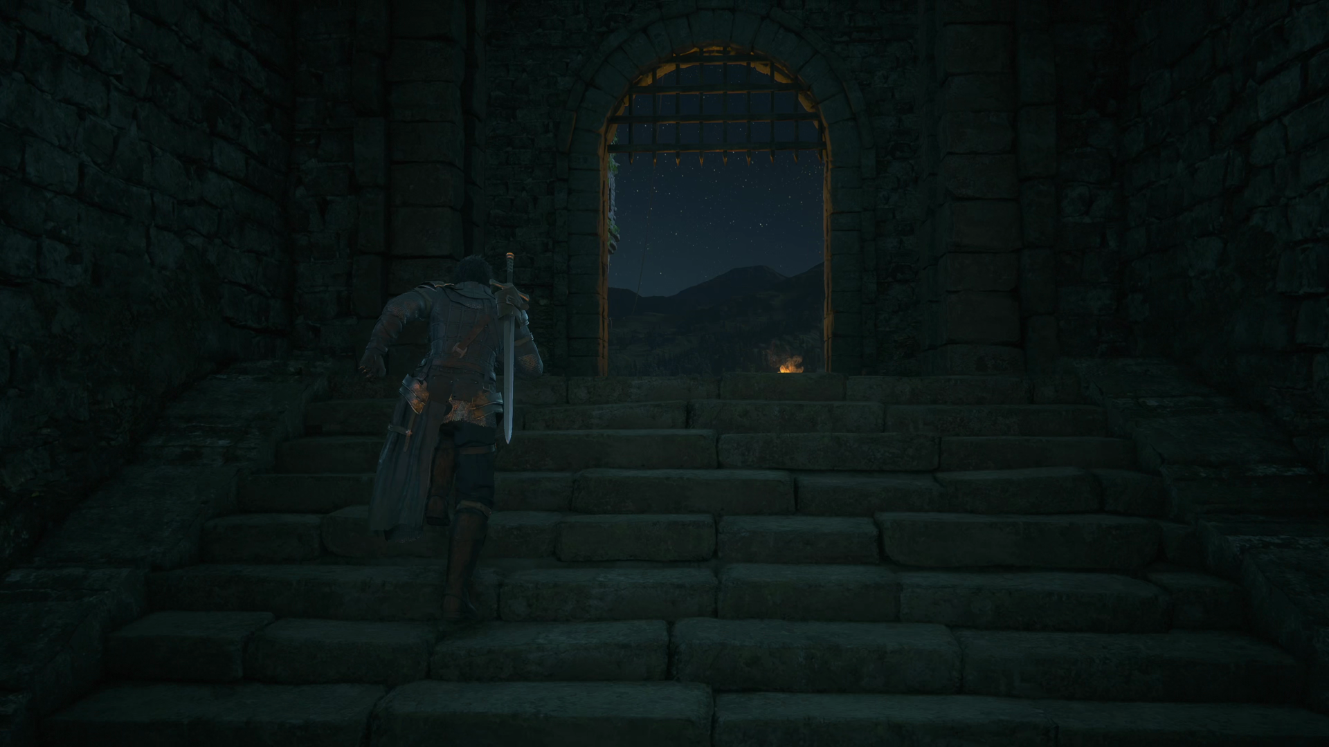 Reaching the top of the stairs in Caer Norvent