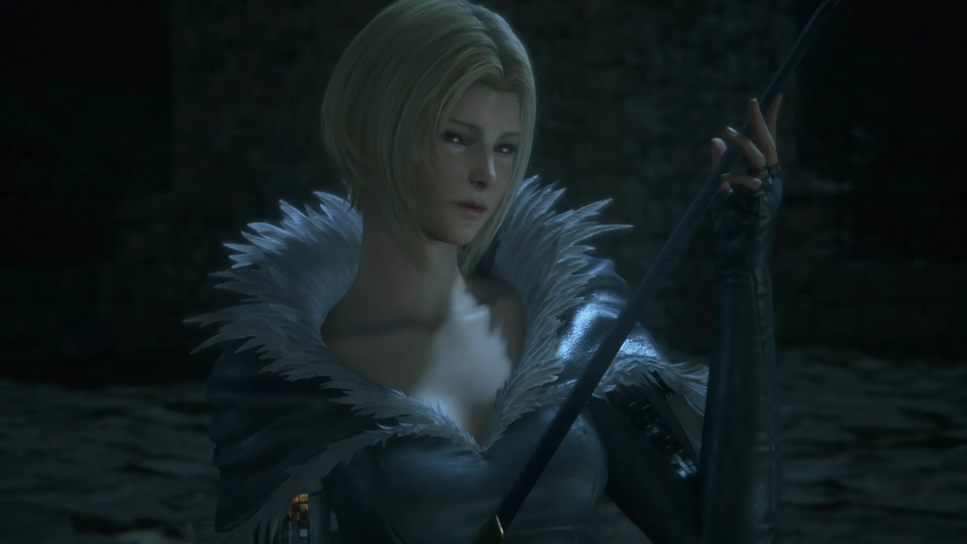 Close-up of Benedikta holding her sword