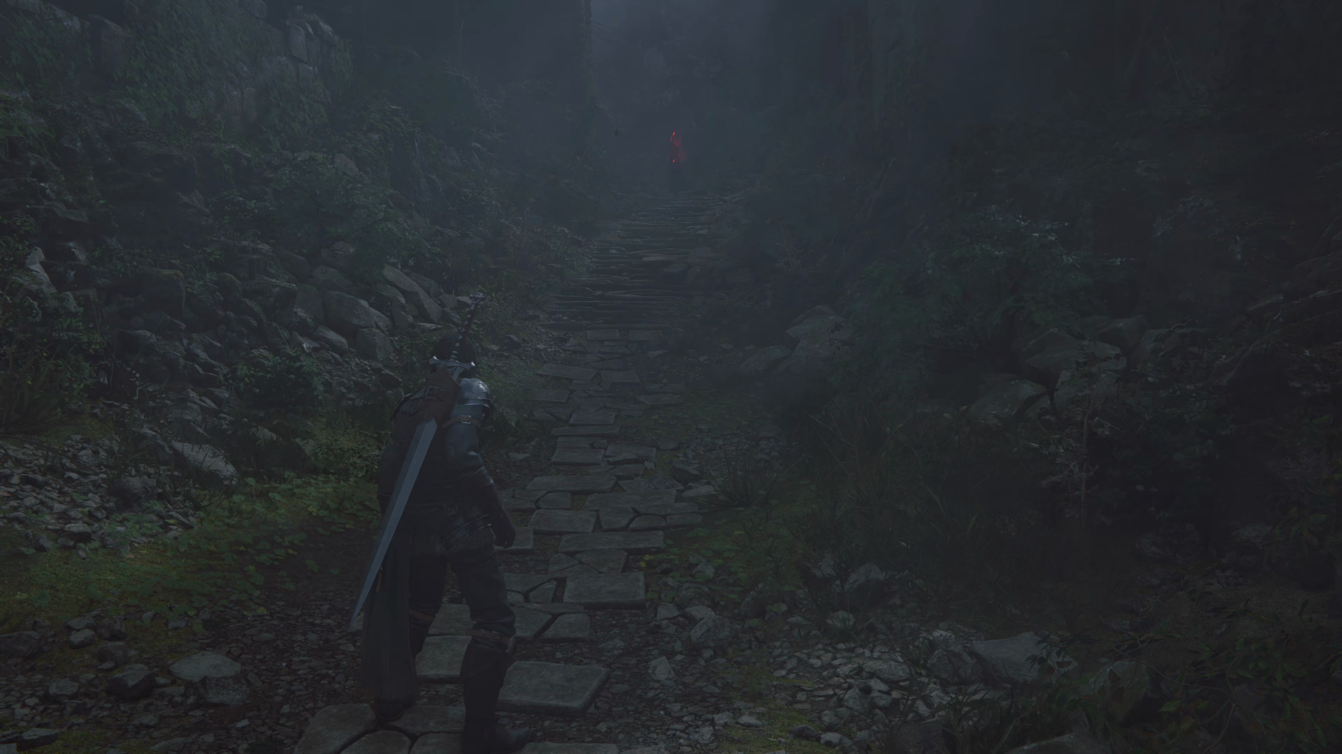 Clive preparing to climb the pathway up the Eye of the Tempest towards the hooded figure