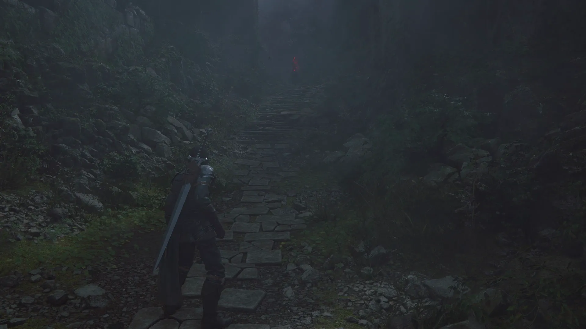 Clive preparing to climb the pathway up the Eye of the Tempest towards the hooded figure