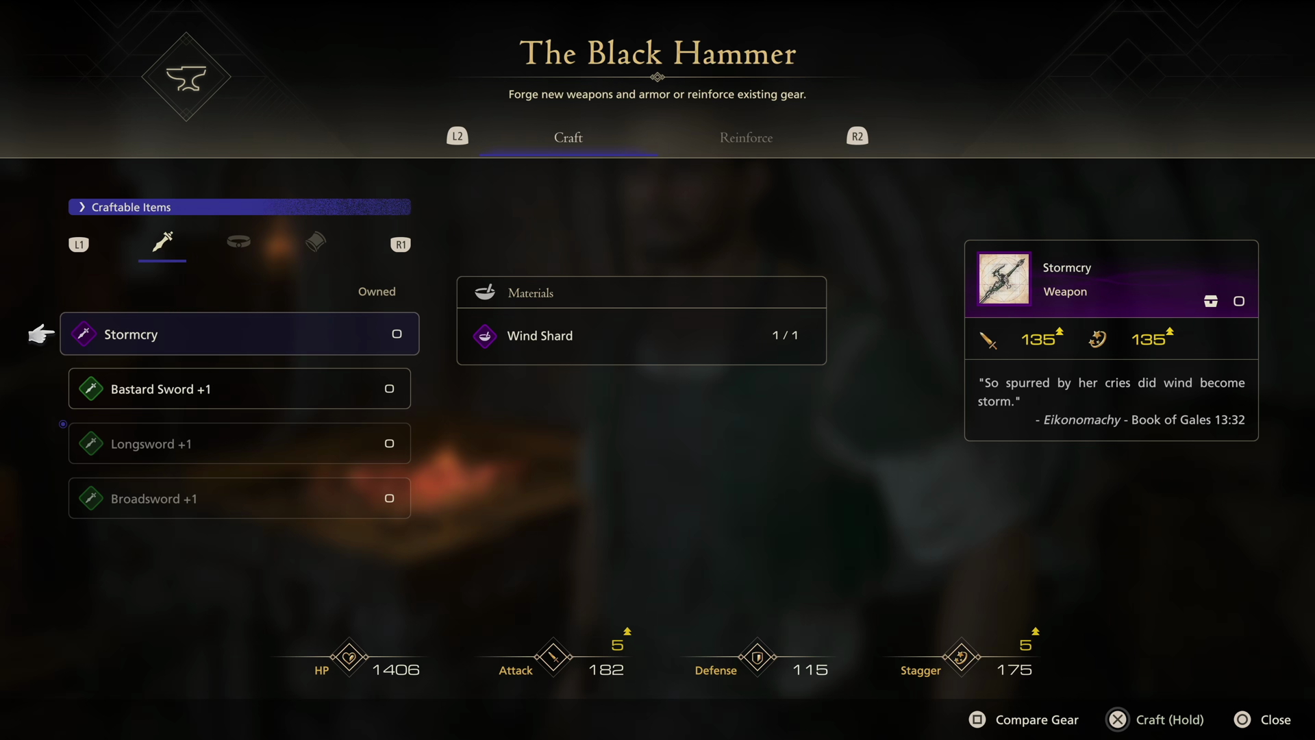 Crafting the Stormcry weapon at the Black Hammer using the Wind Shard