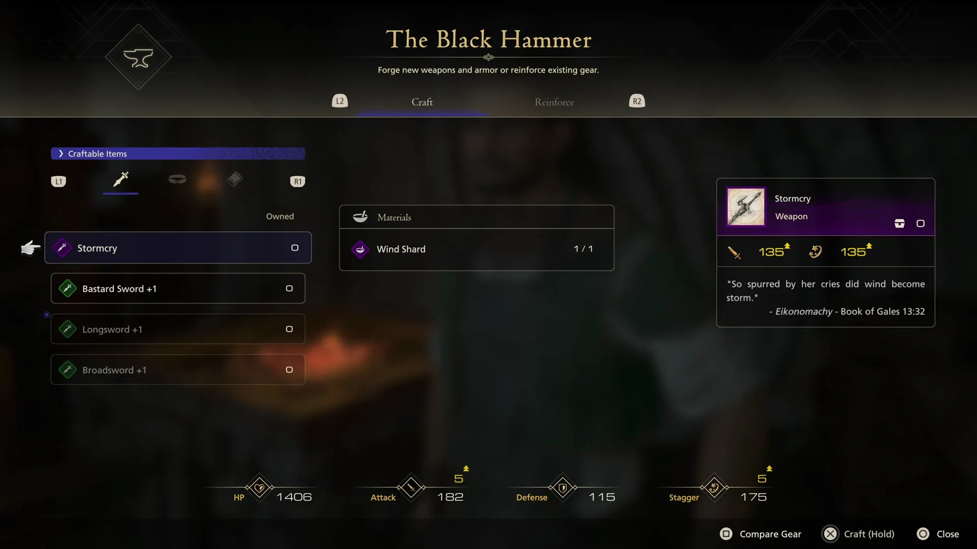 Crafting the Stormcry weapon at the Black Hammer using the Wind Shard