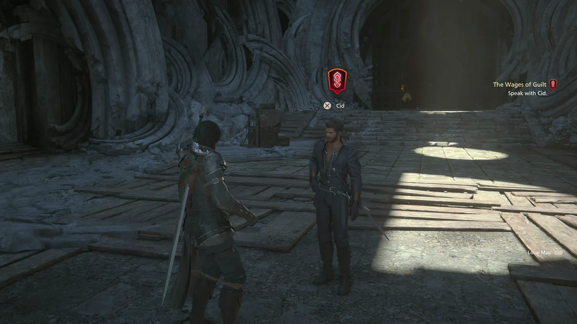 Clive speaking to Cid in the Hideaway to continue the Main Scenario Quest