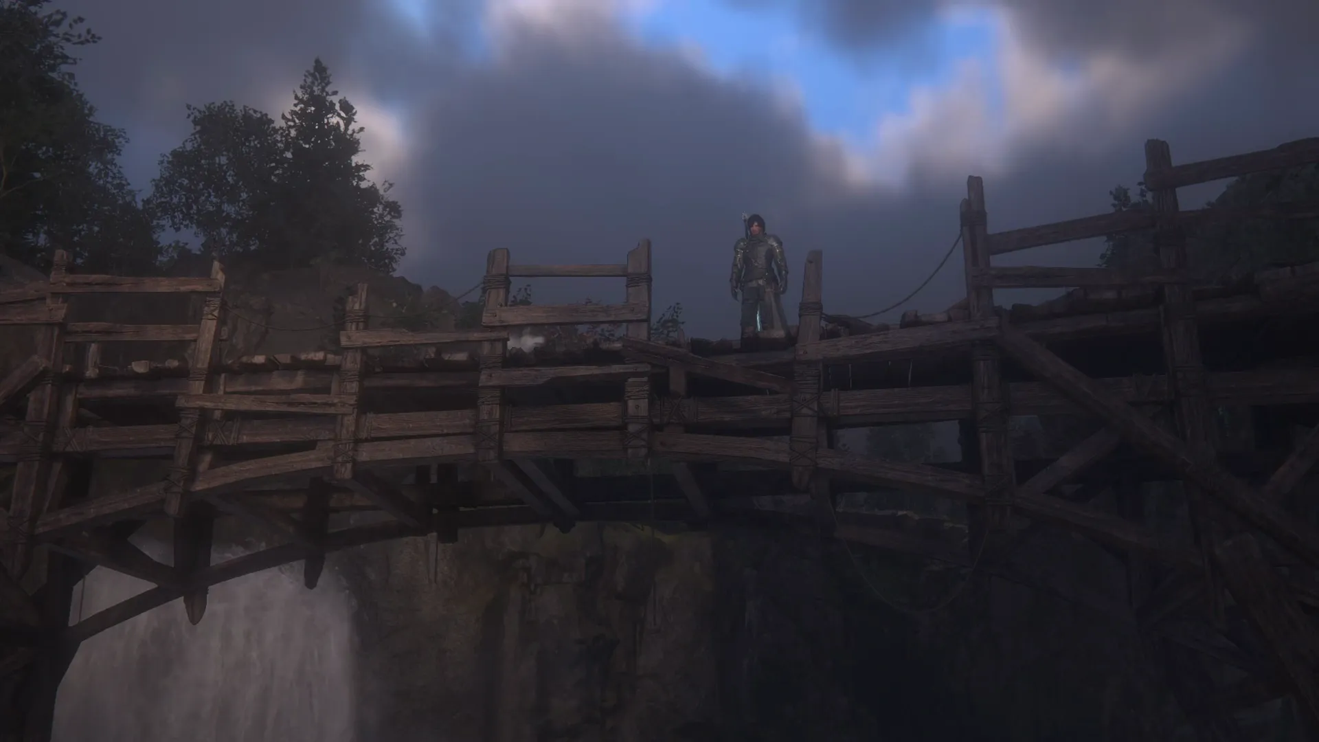 Clive standing atop the bridge just ahead of the boss battle