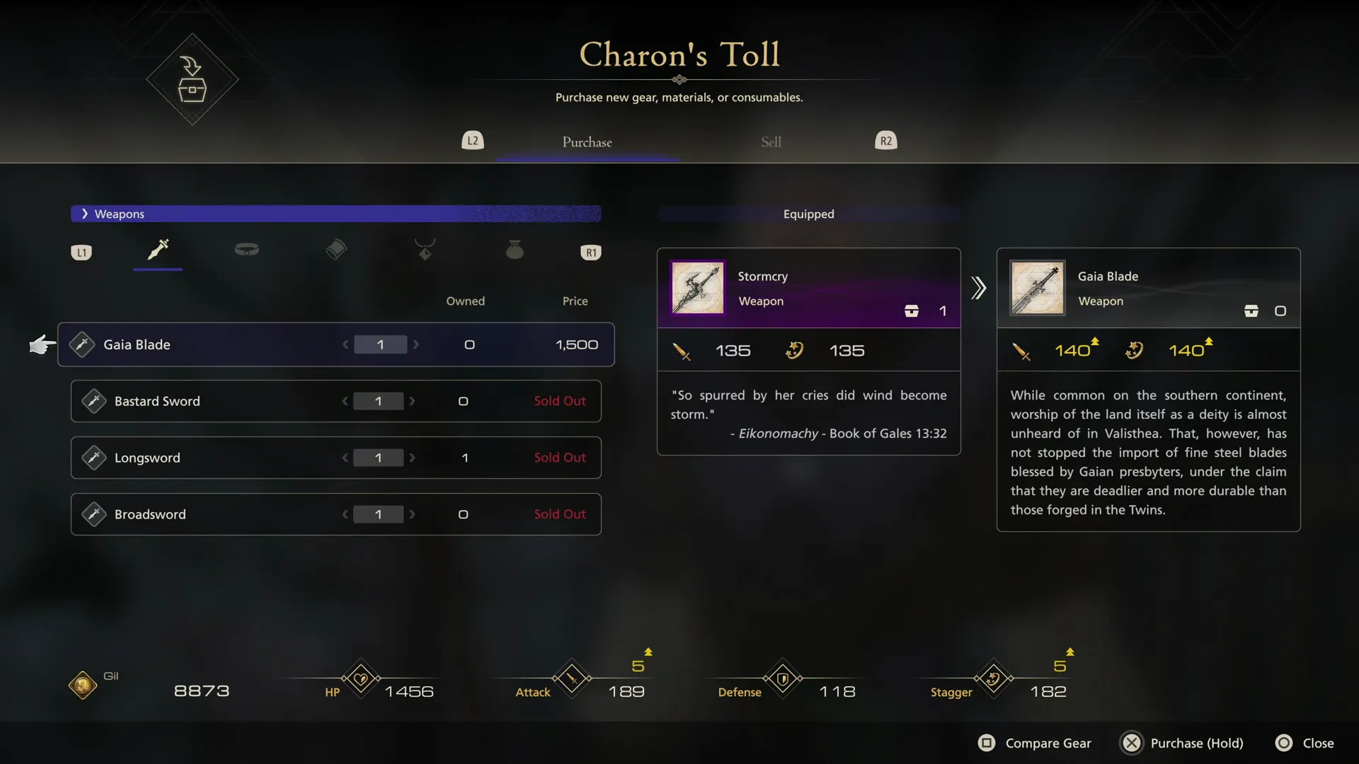 Purchasing the Gaia Blade from Charon’s Toll