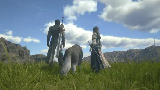 Clive, Jill, and Torgal entering Three Reeds in Rosaria