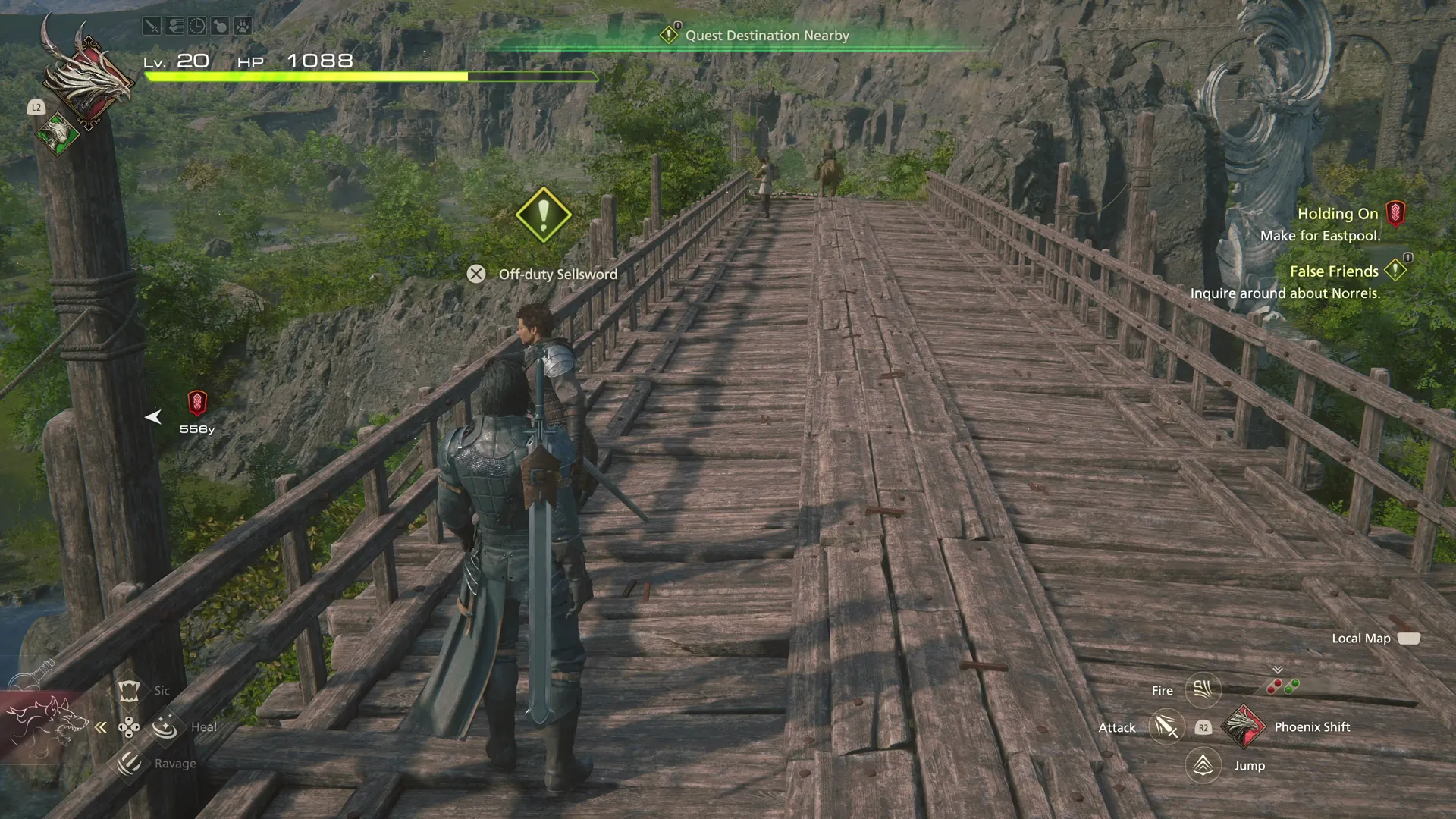Speaking to the Off-duty Sellsword on the bridge outside Martha’s Rest
