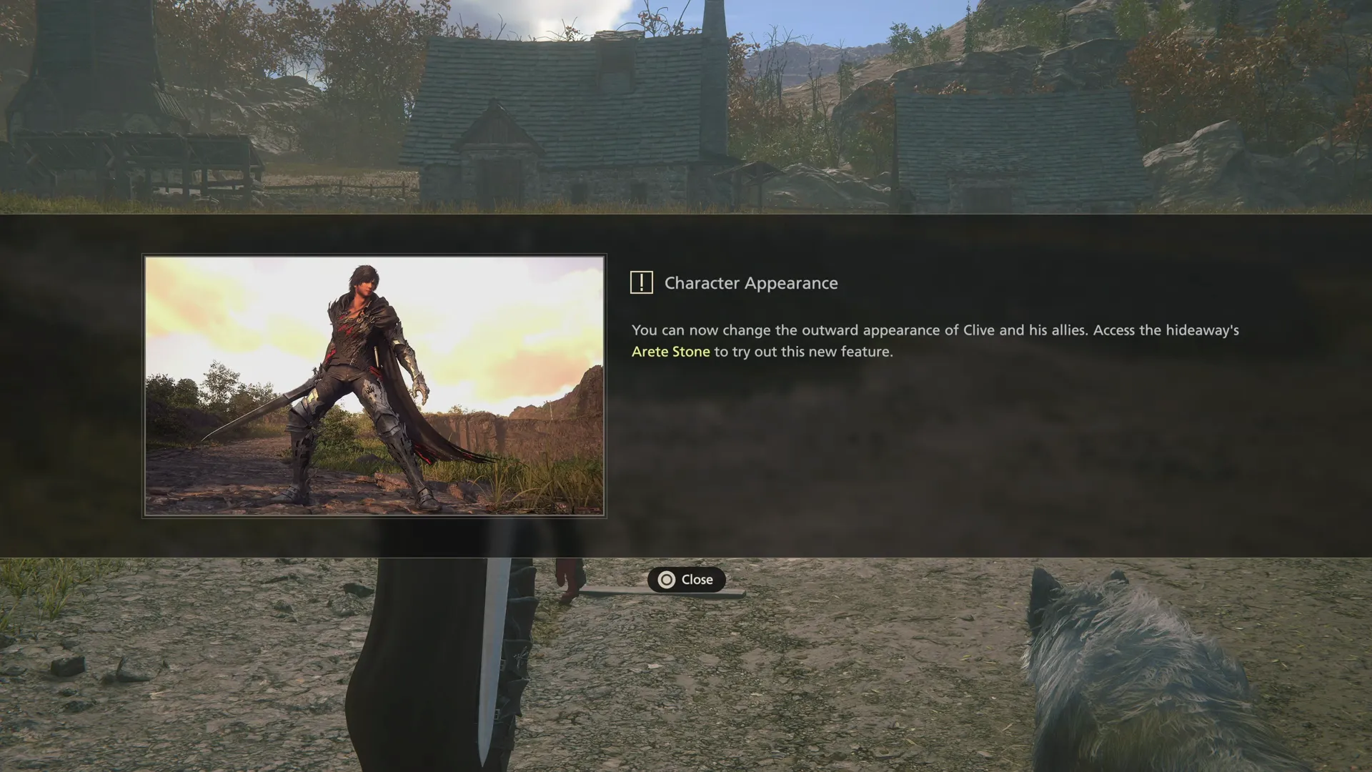 Tutorial message explaining that Clive’s appearance has changed - he now wears the Metian Cross and Bands with Invictus