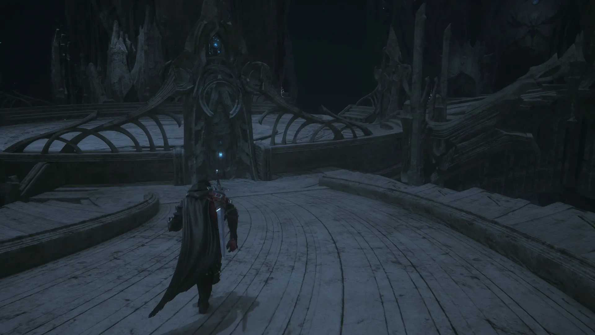 Heading down the ramp towards the large, open room