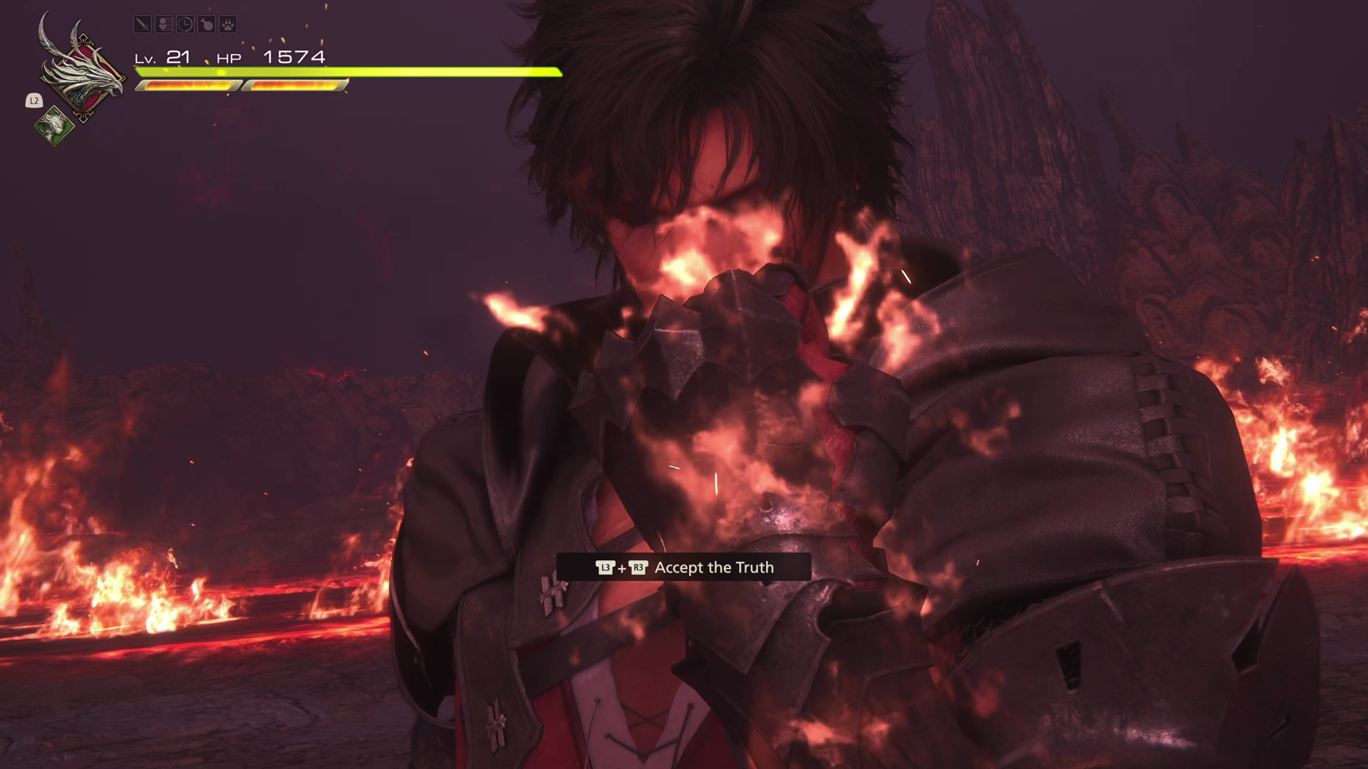 Clive choosing to Accept the Truth during the battle against Infernal Shadow which activates his ability to use a Limit Break