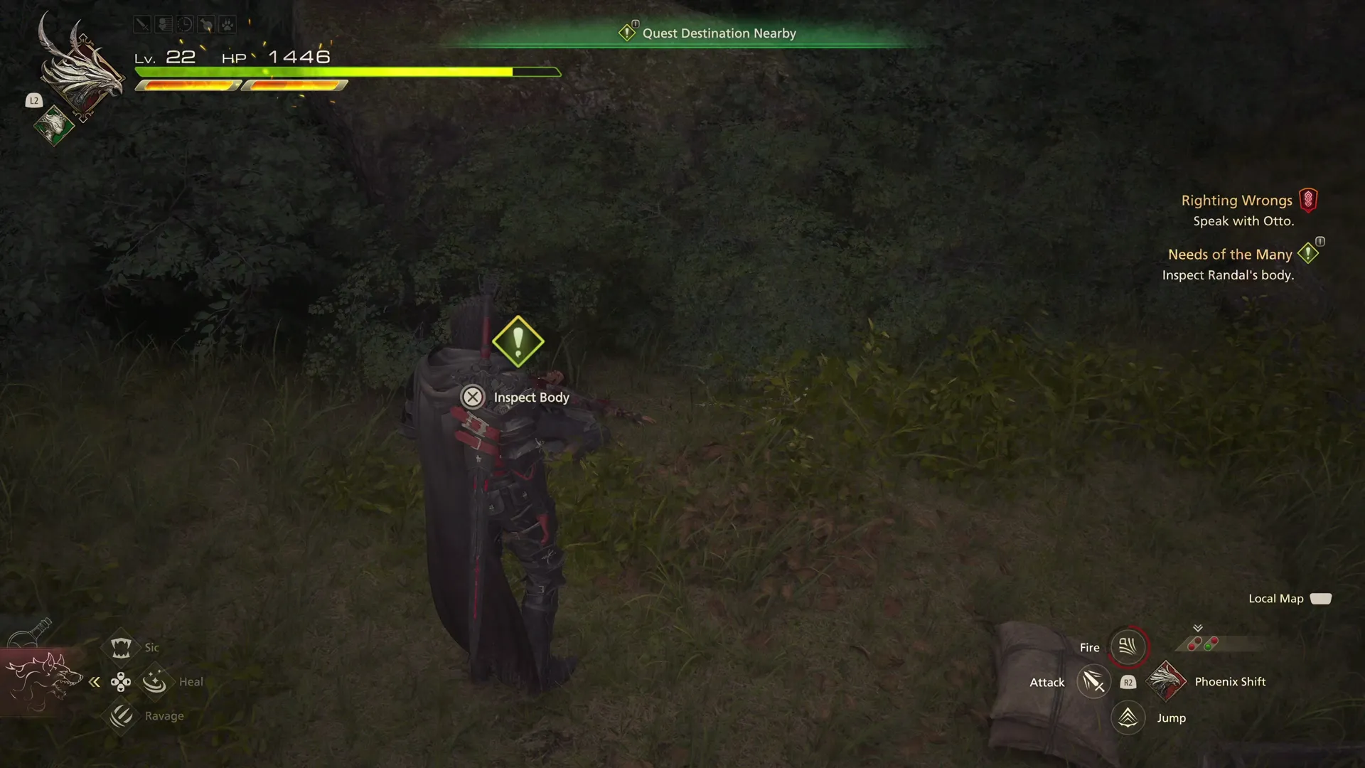 Inspecting the nearby body to complete the quest