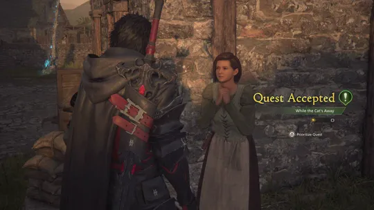 Accepting the While the Cat’s Away Optional Quest from the Inn Hand outside the Golden Stables at Martha’s Rest