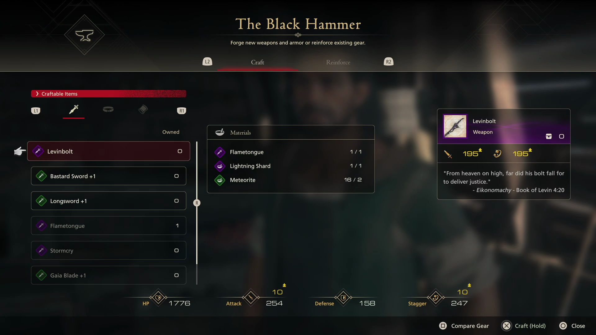 Crafting Levinbolt at the Black Hammer using Flametongue, a Lightning Shard and two Meteorites