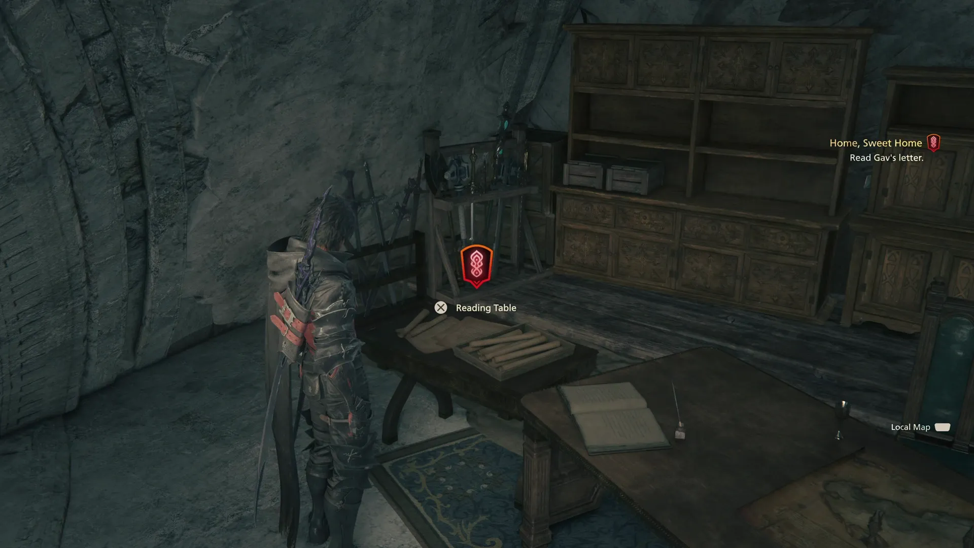 Clive examining the reading table to move the Main Scenario Quest forward