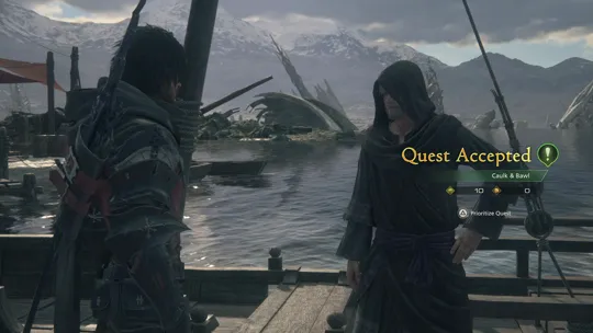 Accepting the Caulk & Bawl Optional Quest from Obolus on the docks of the Hideaway