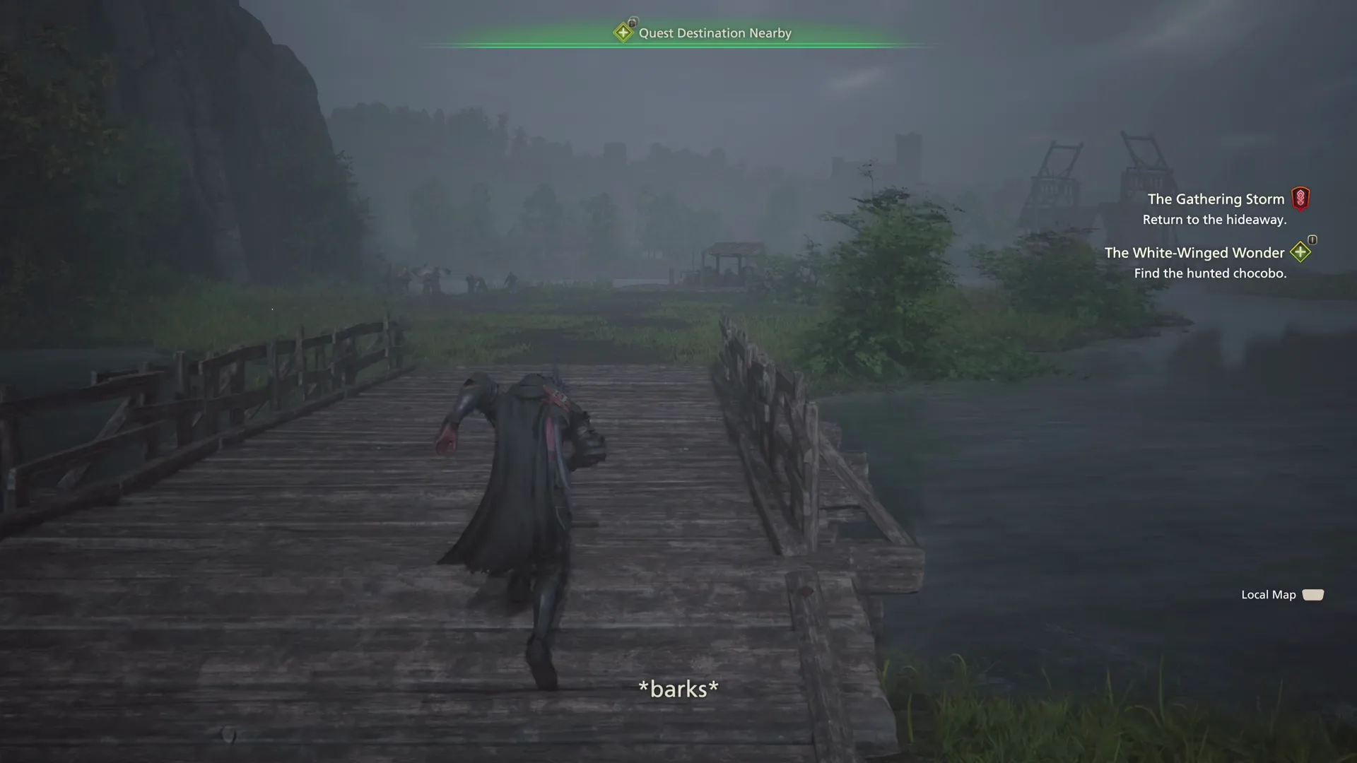 Clive crossing the bridge towards the spot where the Chocobos are cornered