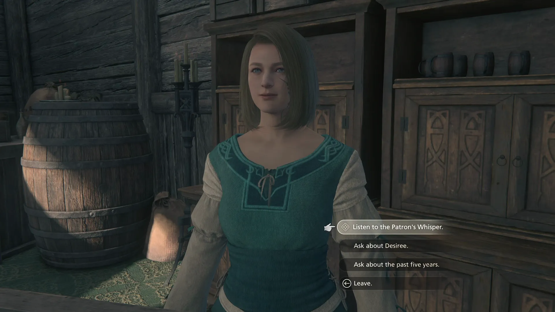 Speaking with Desiree at the counter in the mess after the Patron‘s Whisper has been unlocked