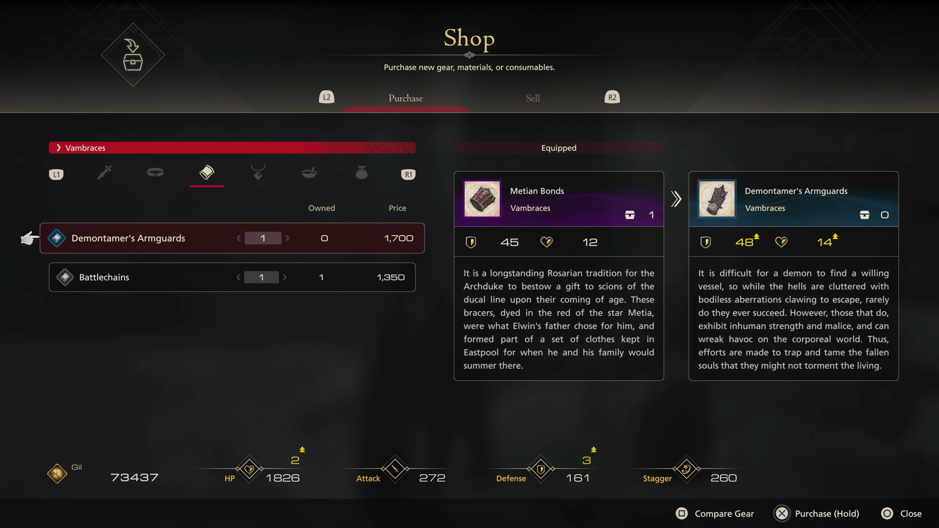 Purchasing the Demontamer’s Armguards from the shop in the Lazarus District